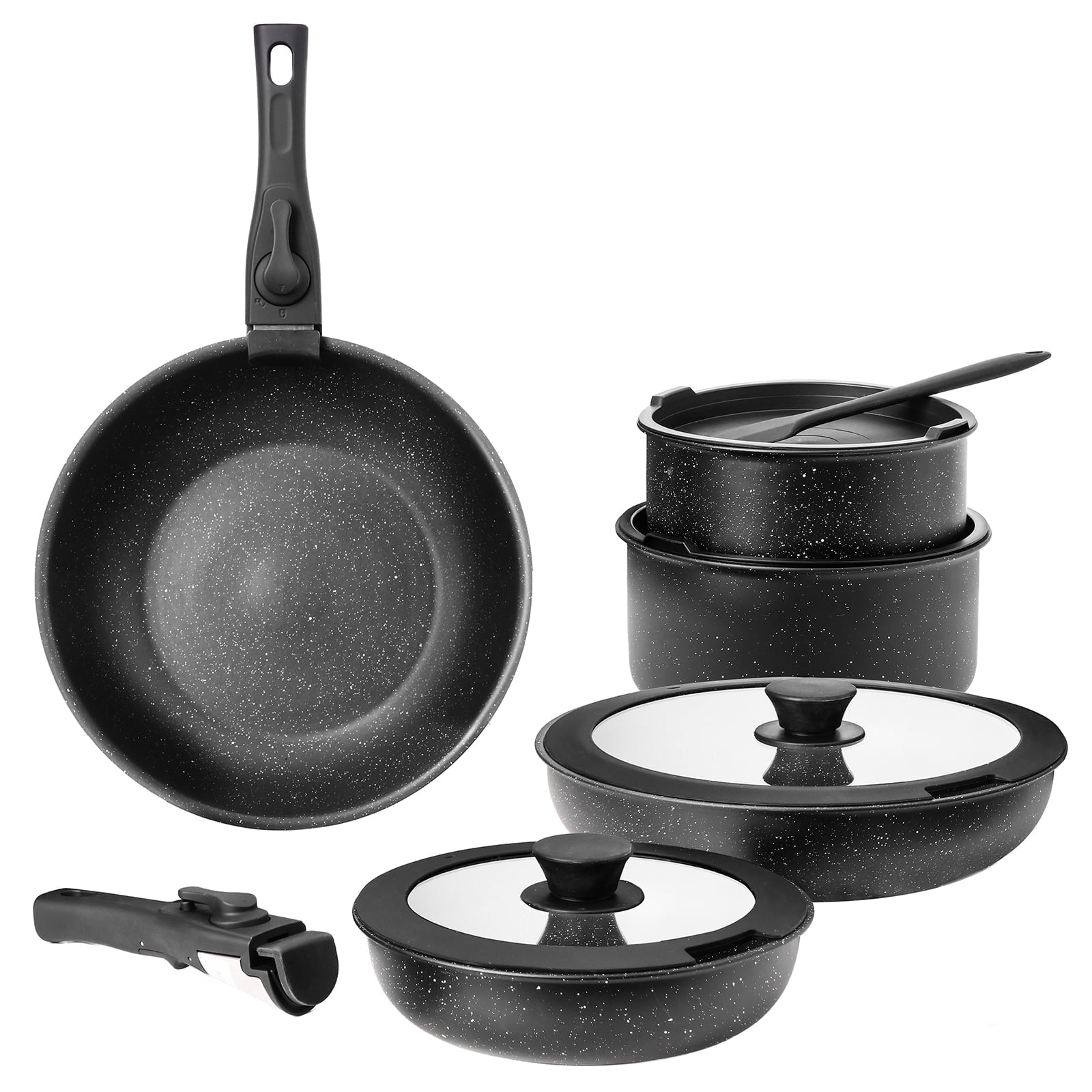 GIANNA 12pcs Non-Stick Cookware Set, Pots and Pans Set, with Spatula & Detachable Handle for Kitchen, Black