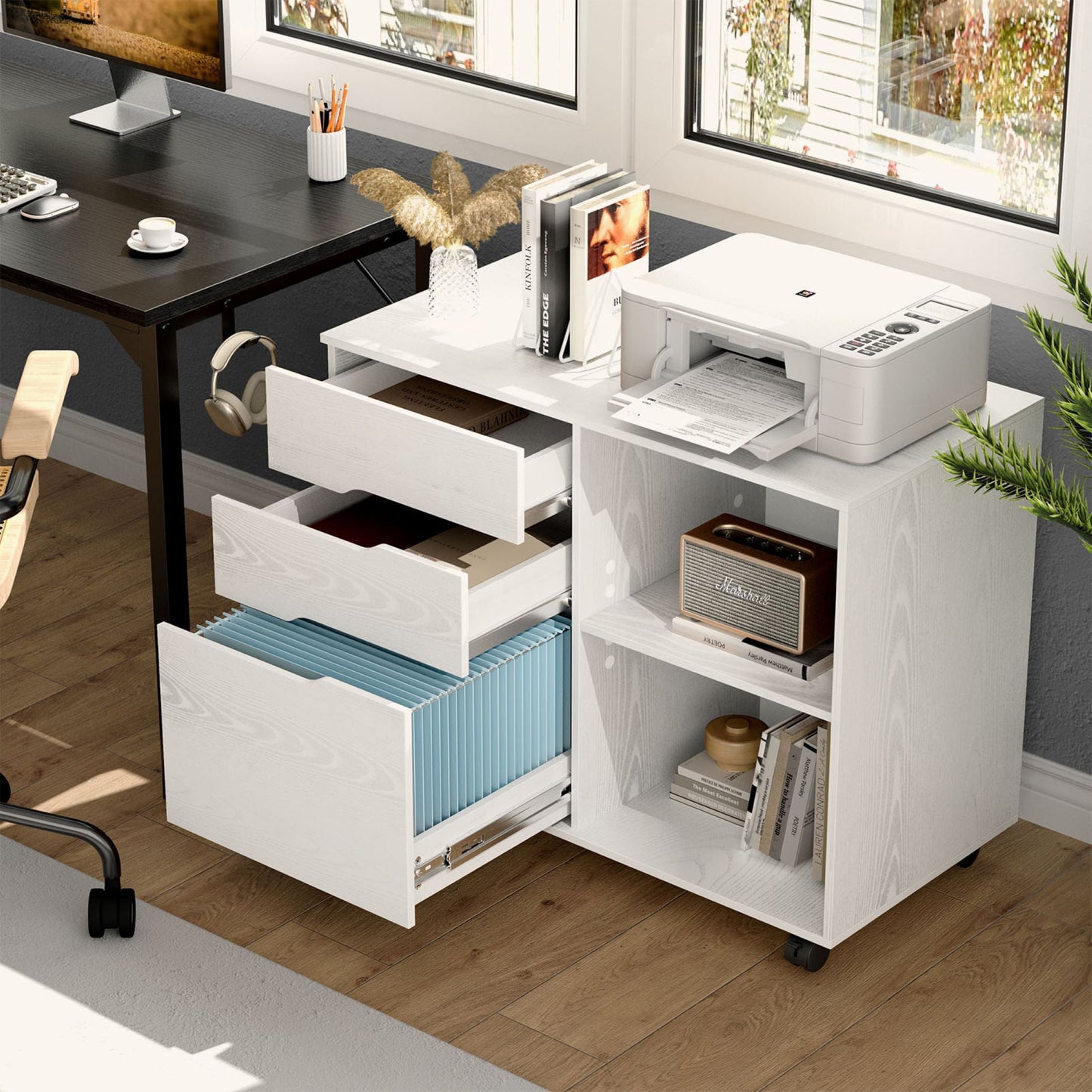 GIANNA 3 Drawer File Cabinet with Wheels, Rolling Wood Printer Stand and Open Storage Shelves for Home Office, White