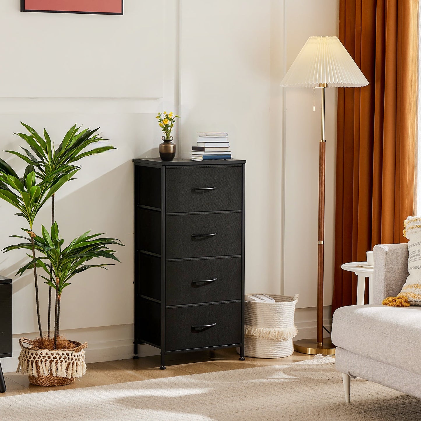 CONCETTA 4 Drawer Dresser for Bedroom, Tall Chest Organizer with Fabric Bins, Steel Frame, Black