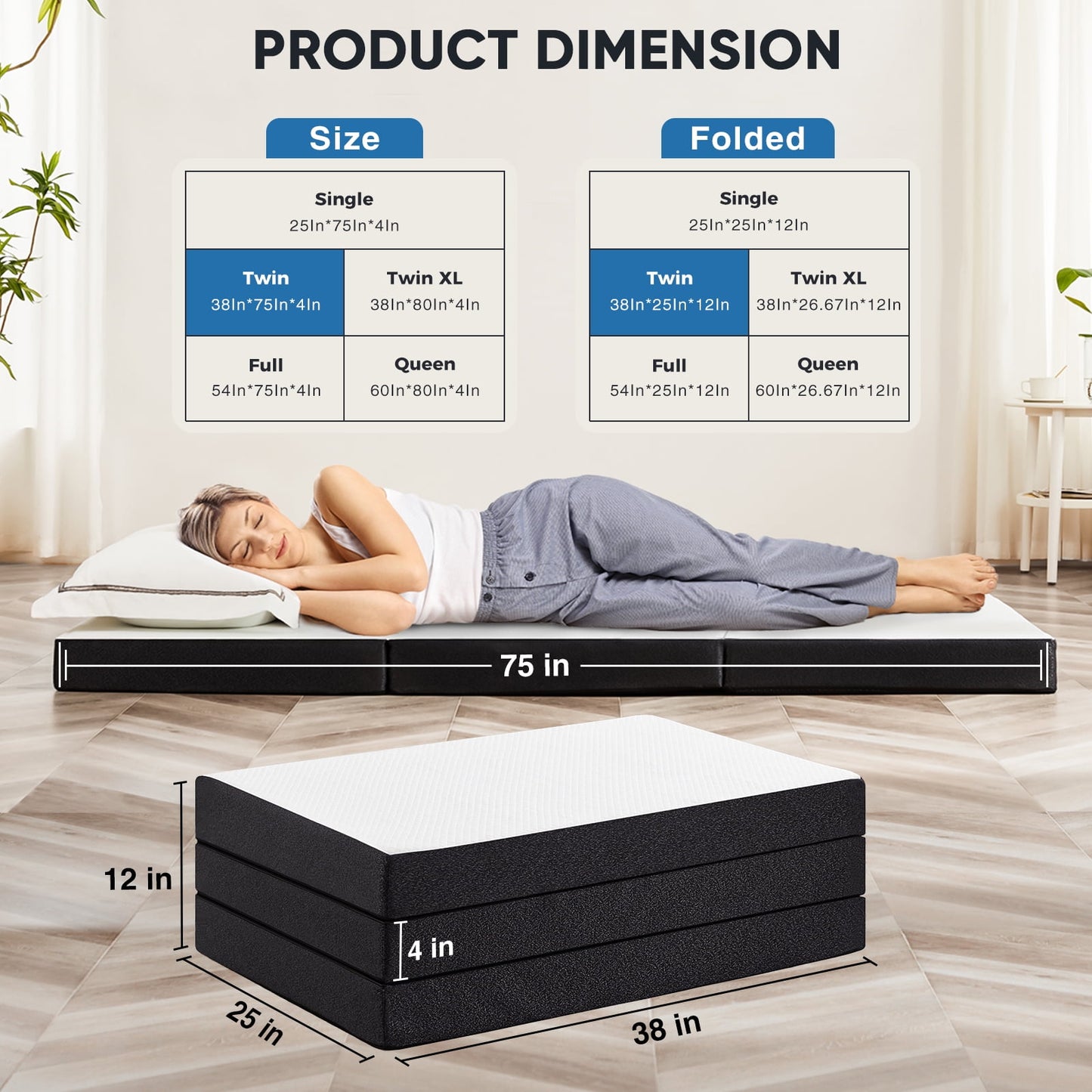 Gianna 4" Full Size Tri-fold Memory Foam Mattress, Foldable Mattress