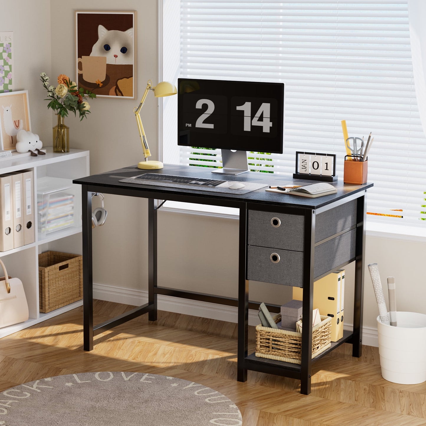 GIANNA 40 Inch Compact Computer Desk with Drawers, Space-Saving Wooden Study Table for Small Spaces, 2-Tier Storage Shelf for Home Office, Kids Room, or Bedroom, Black