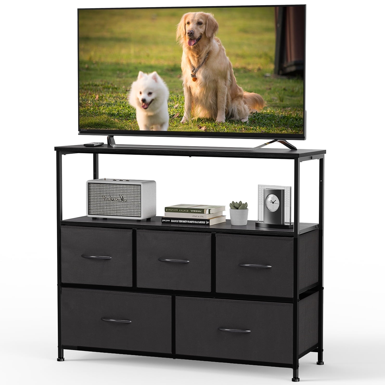 CONCETTA 5 Drawer Dresser with TV Stand for Bedroom, Tall Chest Organizer with Fabric Bins, Steel Frame, Black