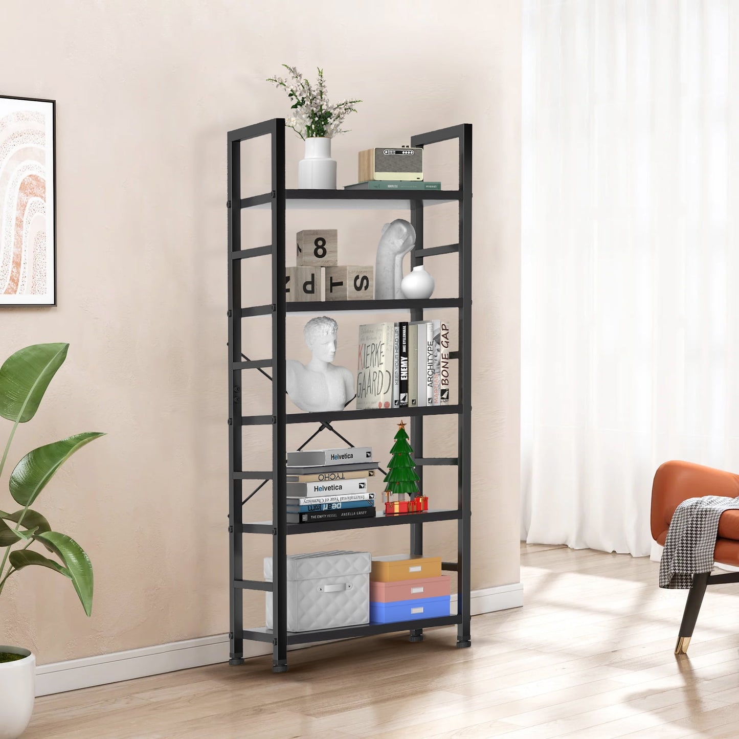 GIANNA Estante de Almacenamiento de Madera y Metal de 5 Repisas con Patas Ajustables, Impermeable y Resistente a los AraÃ±azos, Negro