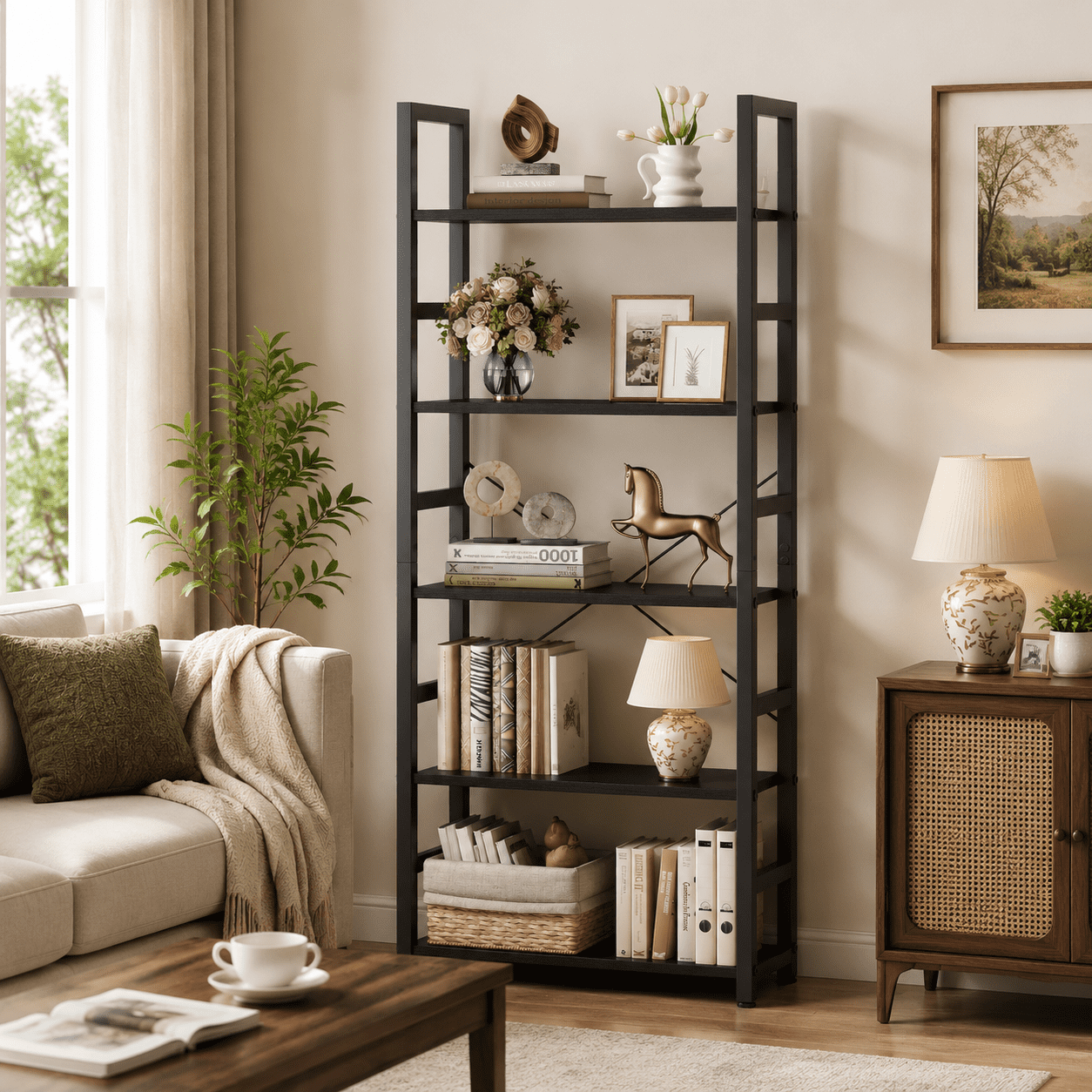 CONCETTA 5 Tier Bookshelf, Home Office Bookcase Shelf Storage Organizer, Modern Book Shelf for Bedroom/Living Room/Home Office, Matte Black