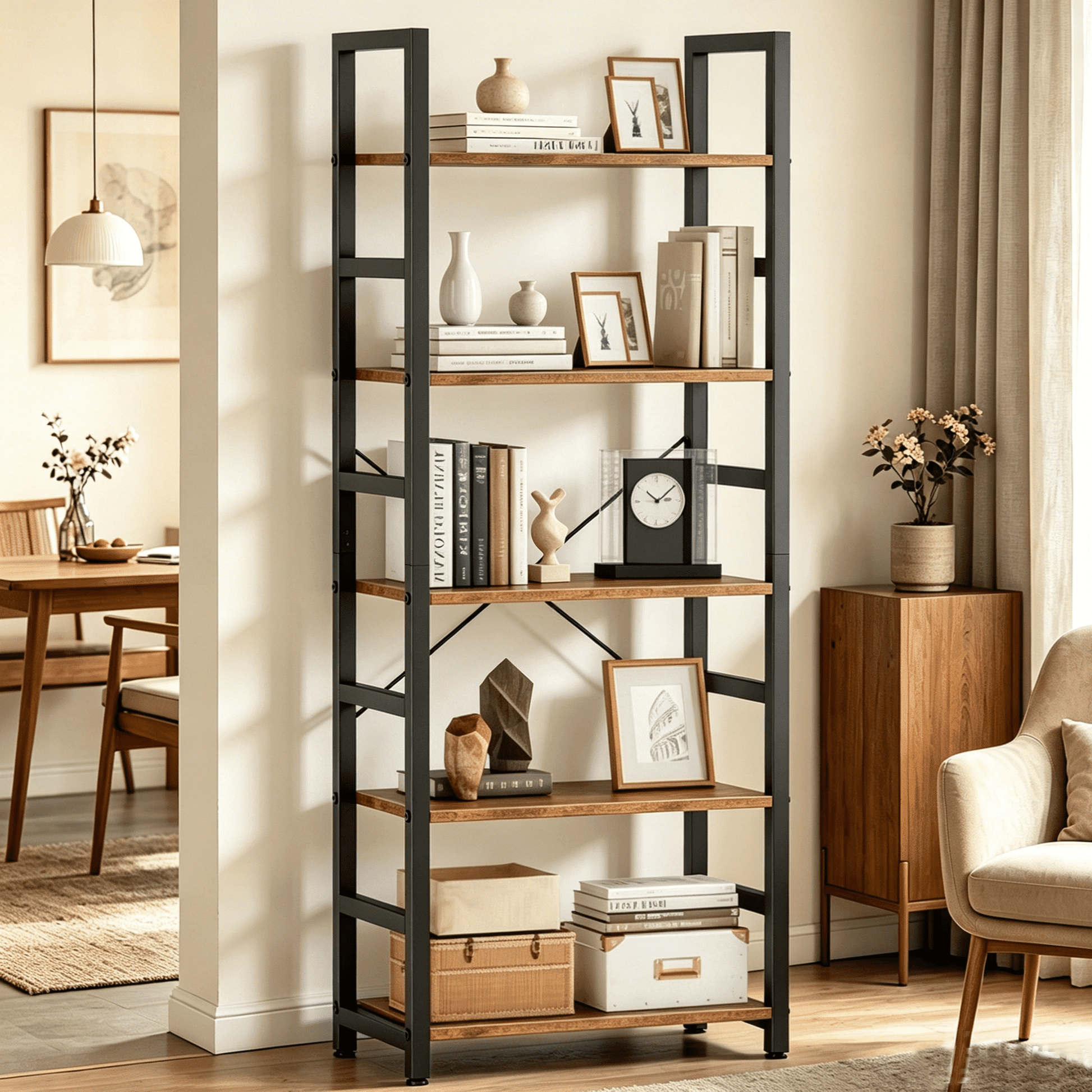 CONCETTA 5 Tier Bookshelf, Modern Bookcase Storage Organizer for Home Office, Rustic Brown