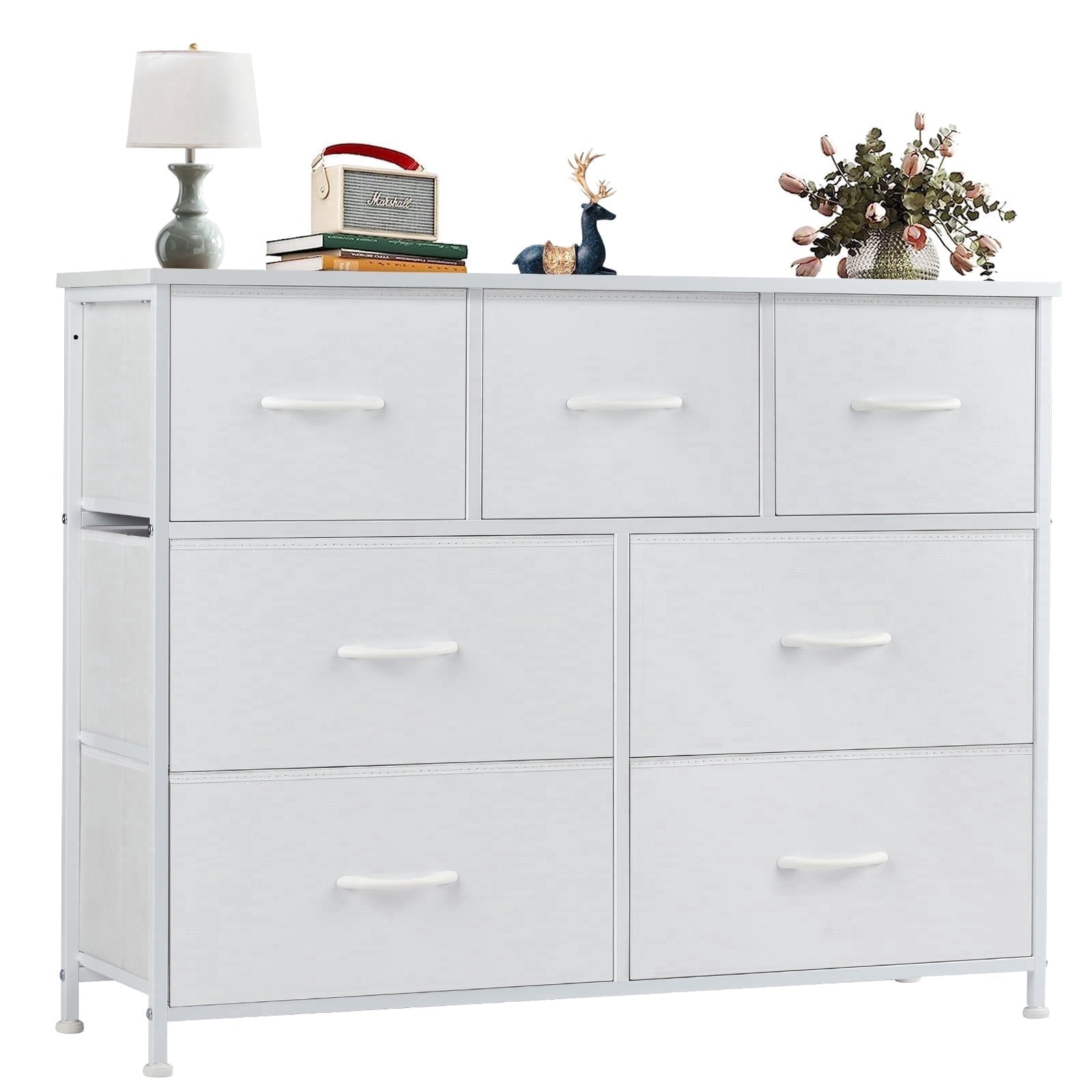 CONCETTA 7 Drawer Dresser for Bedroom, Tall Chest Organizer with Fabric Bins, Steel Frame, White