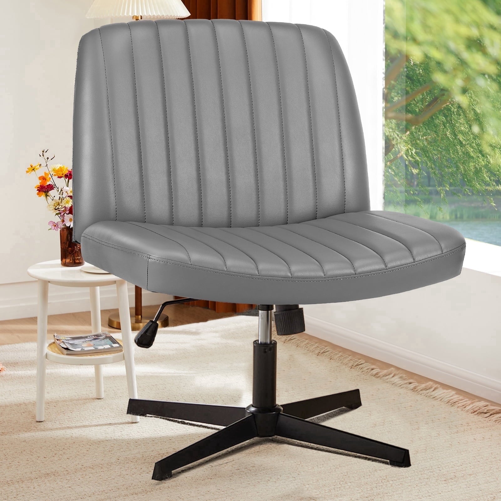 Armless Criss Cross Legged Office Chair, Desk Chair No Wheels, PU Leather, Gray