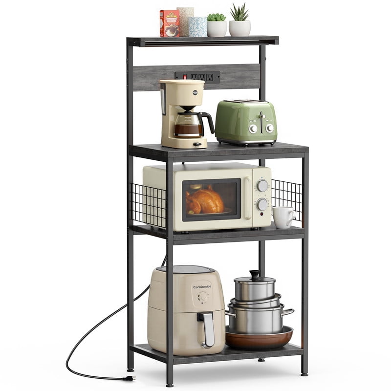 GIANNA Bakerâ€™s Rack with Power Outlet, 4-Tier Kitchen Coffee Bar and Microwave Stand, Storage Organizer, 23.6 Inch, Gray