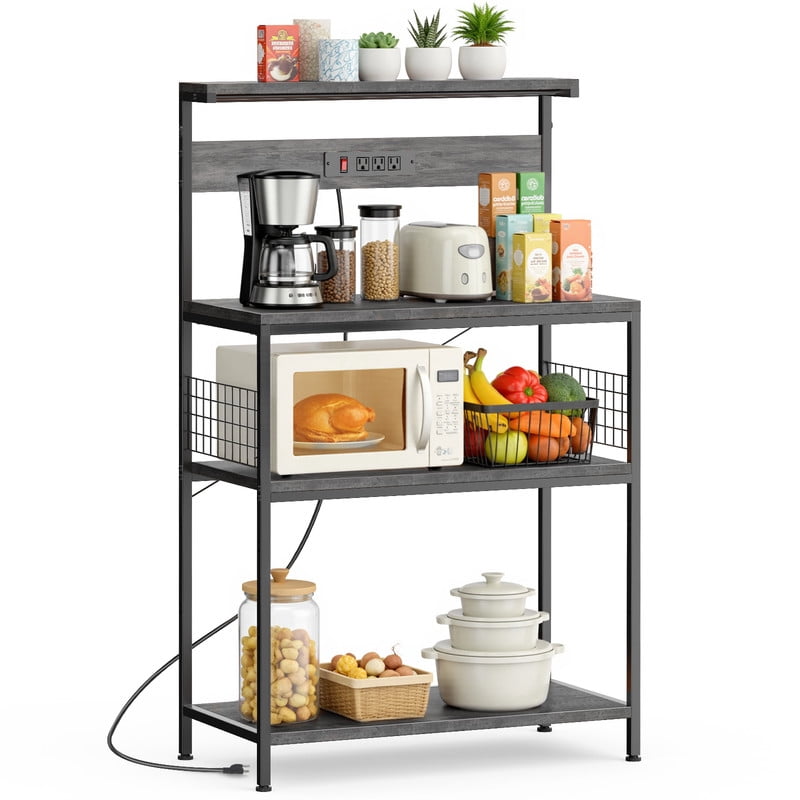 GIANNA Bakerâ€™s Rack with Power Outlet, 4-Tier Kitchen Coffee Bar and Microwave Stand, Storage Organizer, 23.6 Inch, Rustic Brown