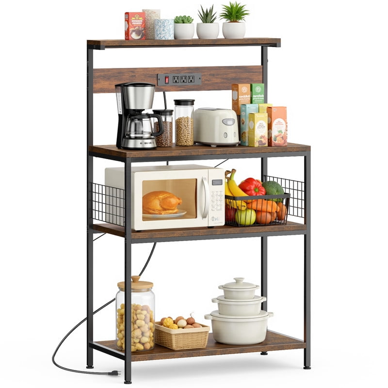 GIANNA Bakerâ€™s Rack with Power Outlet, 4-Tier Kitchen Coffee Bar and Microwave Stand, Storage Organizer, 31.5 Inch, Rustic Brown