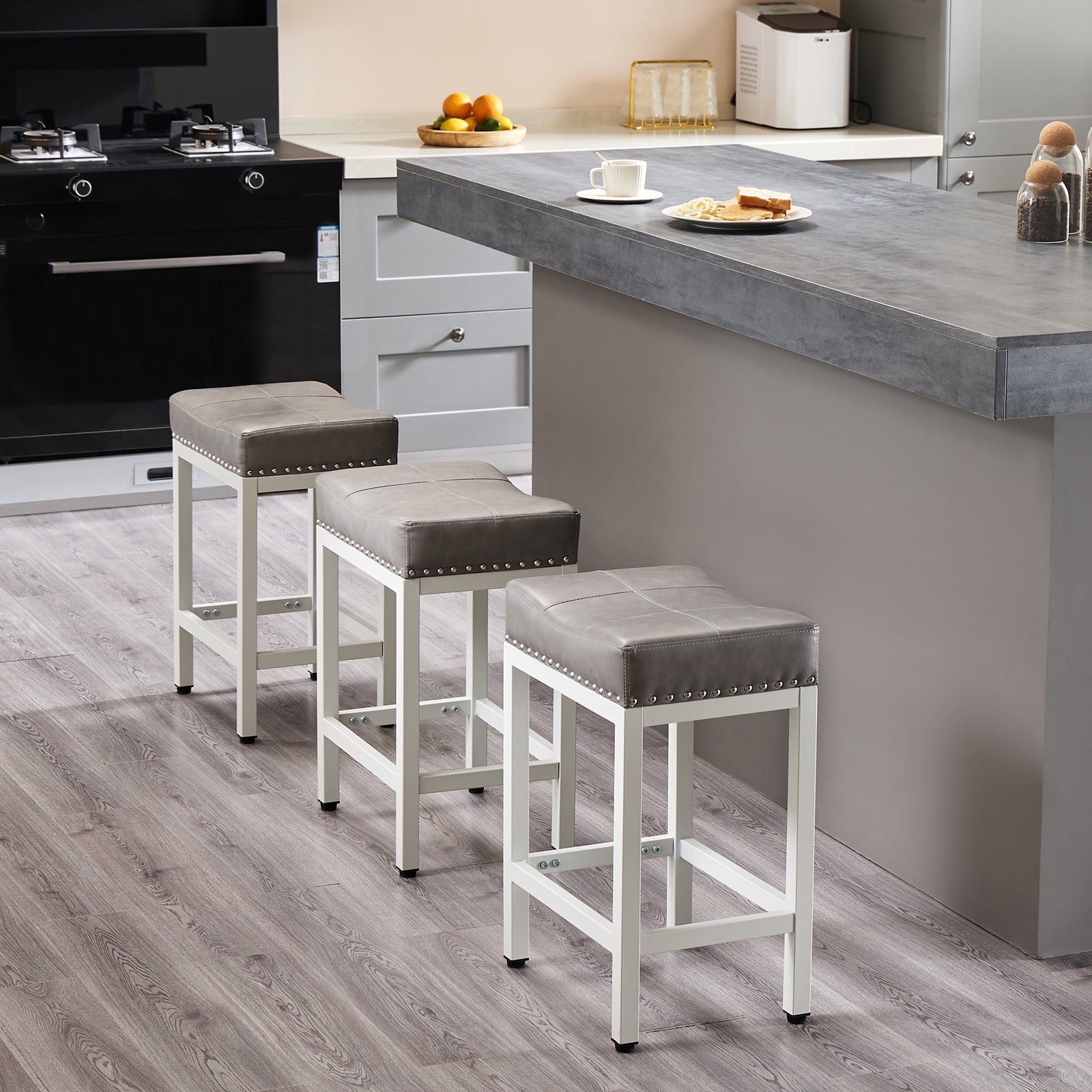 GIANNA Bar Stools Set of 4, Modern Counter Height 24 Inch Bar Stools, Metal Base, PU Leather, For Kitchen, Living Room, Gray