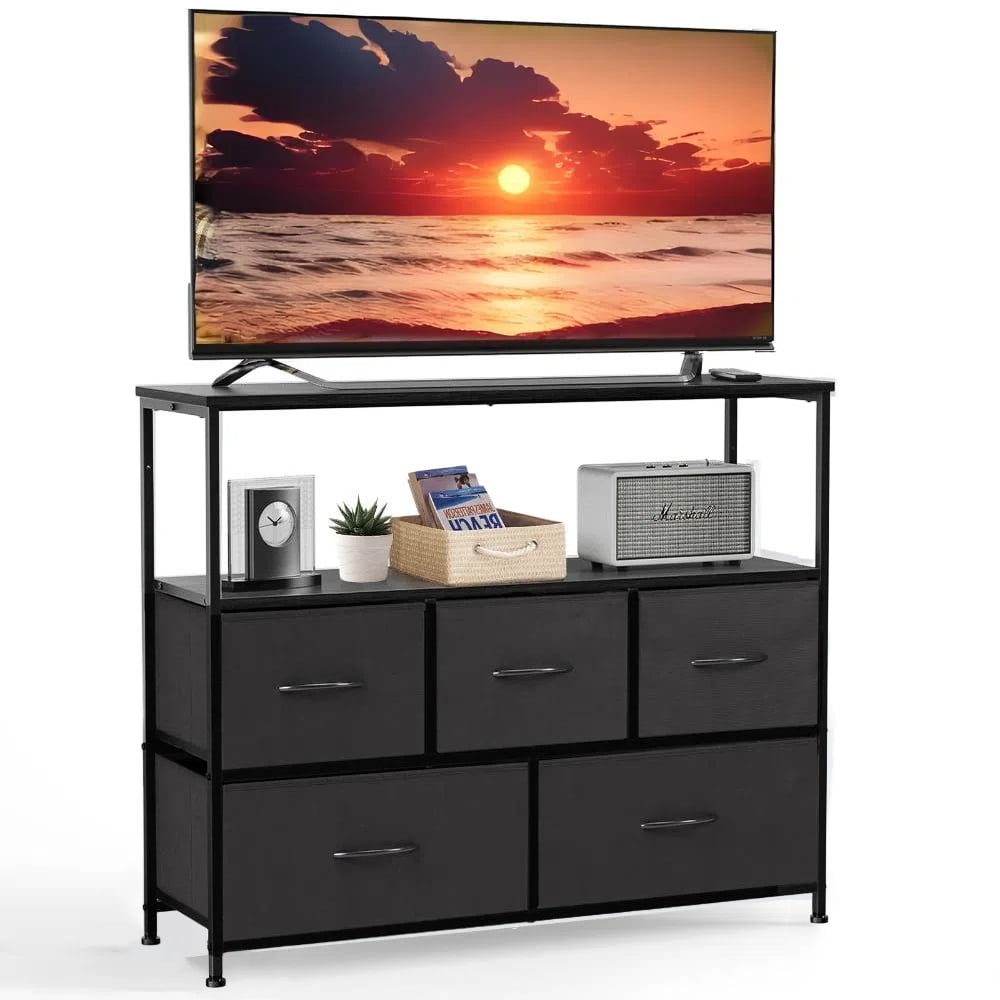 GIANNA Chest of Drawers, TV Cabinet Stand for Bedroom with 5 Fabric Drawers, Adjustable Feet Drawer Cabinet for Bedroom, Black