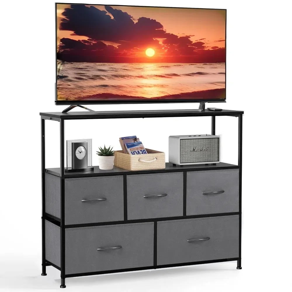 GIANNA Chest of Drawers, TV Cabinet Stand for Bedroom with 5 Fabric Drawers, Adjustable Feet Drawer Cabinet for Bedroom, Grey