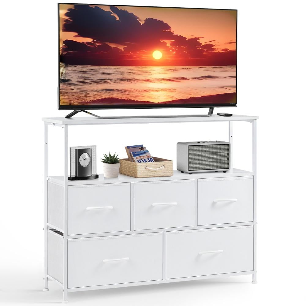 GIANNA Chest of Drawers, TV Cabinet Stand for Bedroom with 5 Fabric Drawers, Adjustable Feet Drawer Cabinet for Bedroom, White
