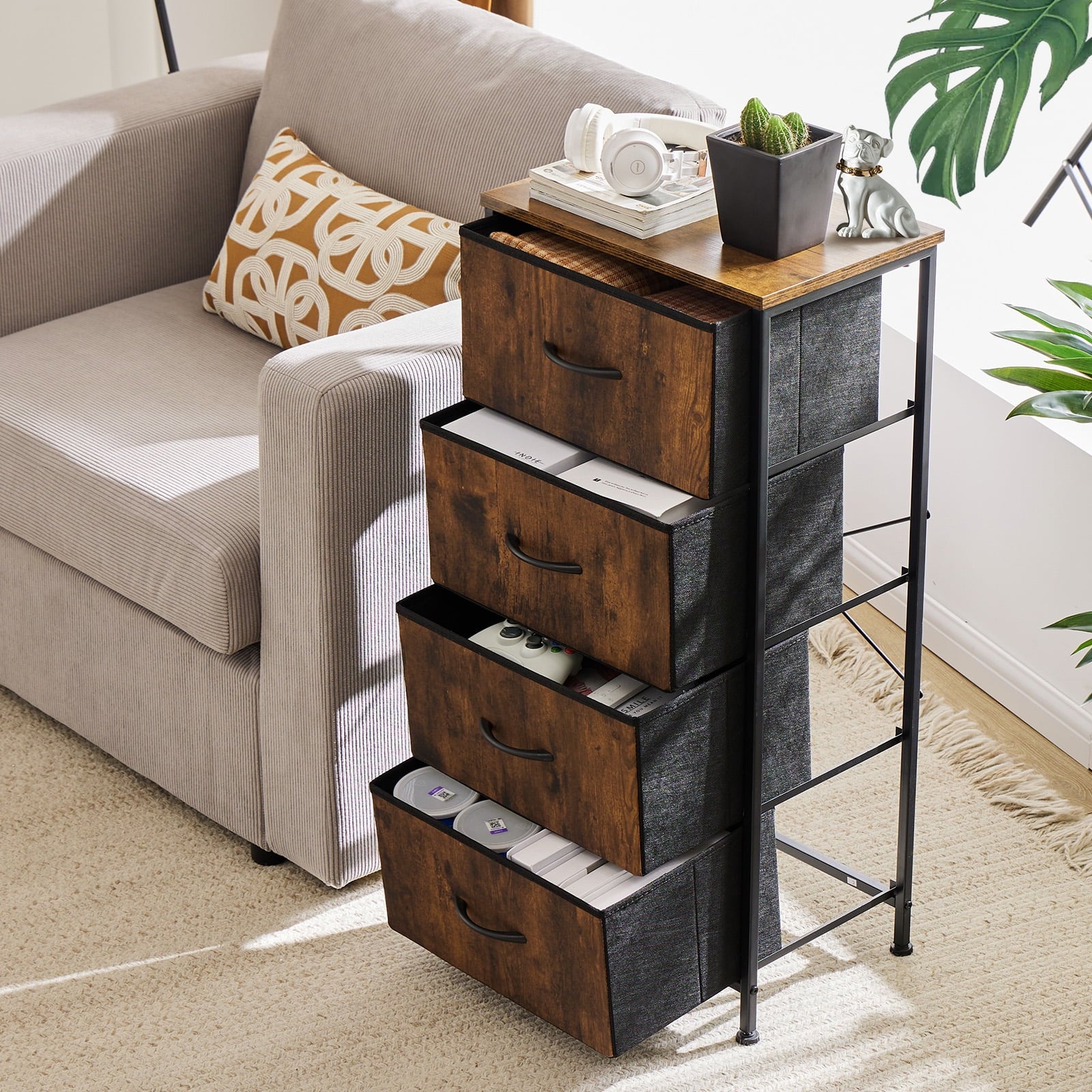 GIANNA Chest of Drawers with 4 Drawers, Fabric Drawer Cabinet, Industrial Style for Living Room, Bedroom, Rustic Brown