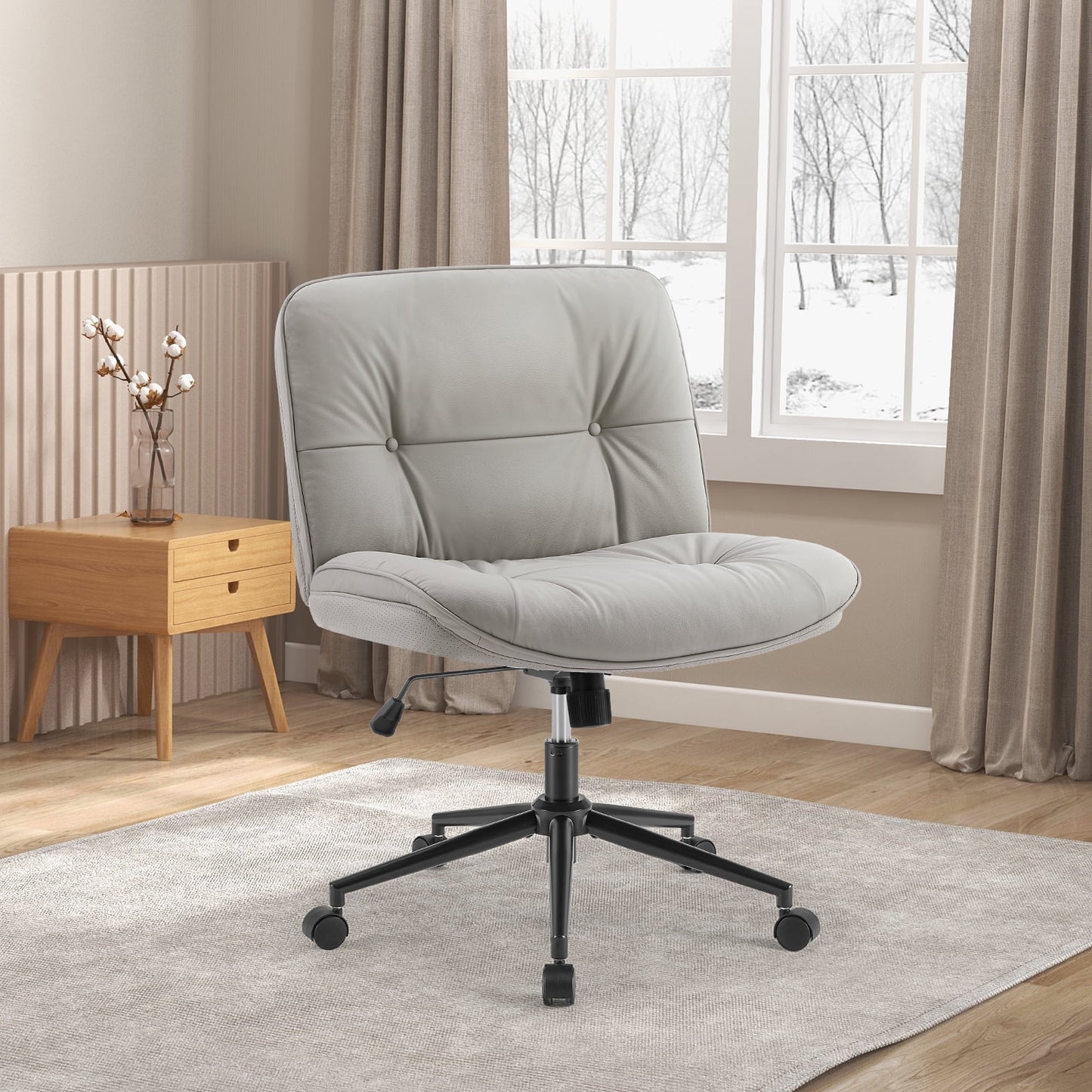 GIANNA Comfy PU Leather Criss Cross Office Chair, Durable and Ergonomic Modern Vanity Chair for Home Office and Study, With Wheels, Khaki