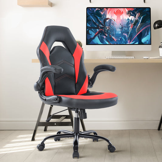 GIANNA Computer Gaming Chair, Ergonomic PU Leather Racing Chair with Flip-up Armrest, Black Red
