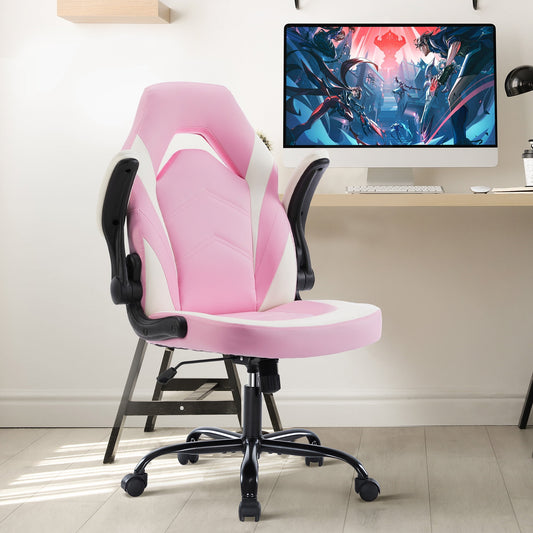GIANNA Computer Gaming Chair, Ergonomic PU Leather Racing Chair with Flip-up Armrest, Pink White
