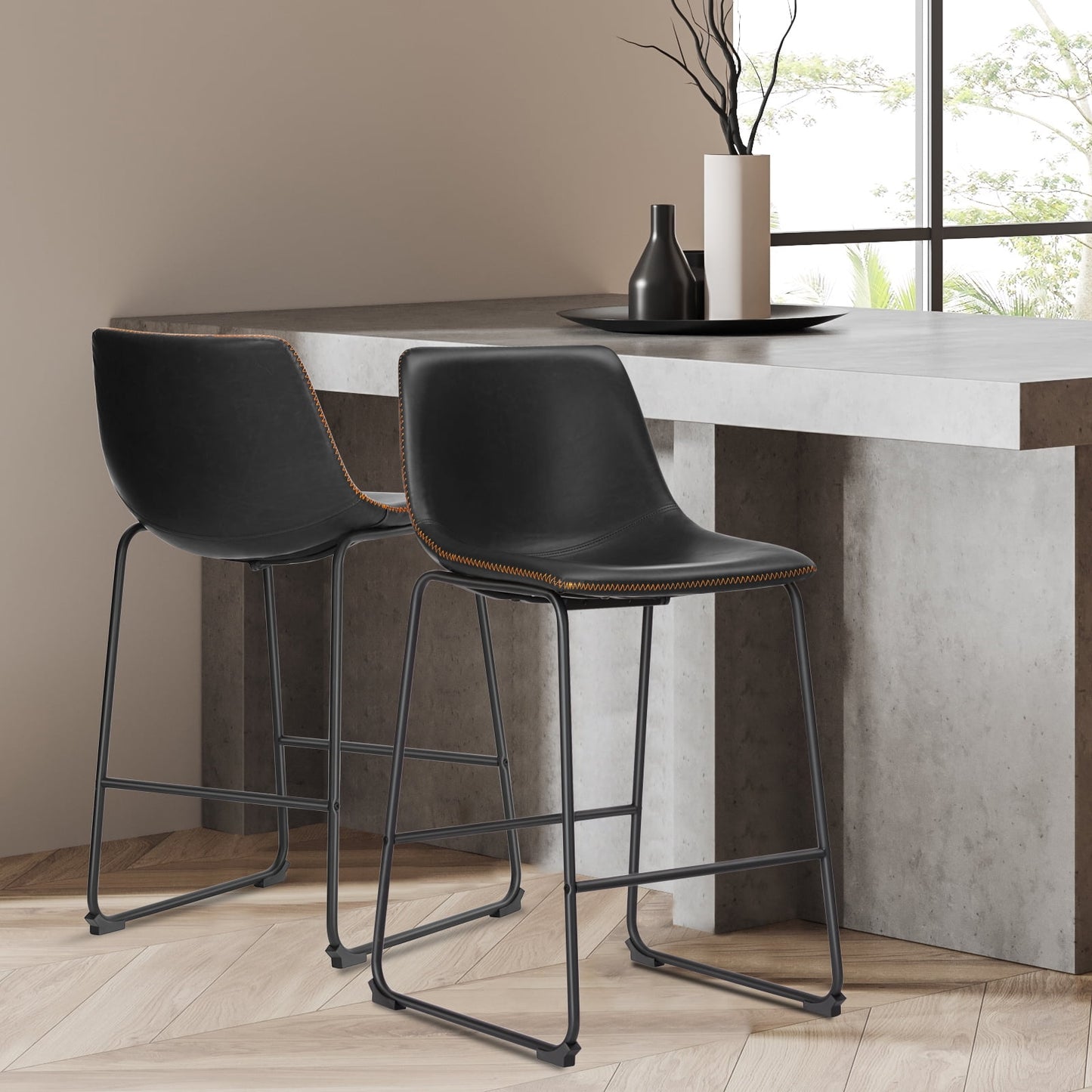 GIANNA Counter Height Bar Stools Set of 2, Faux Leather, Back and Metal Leg, 26 inch Height, for Home Kitchen Office, Black