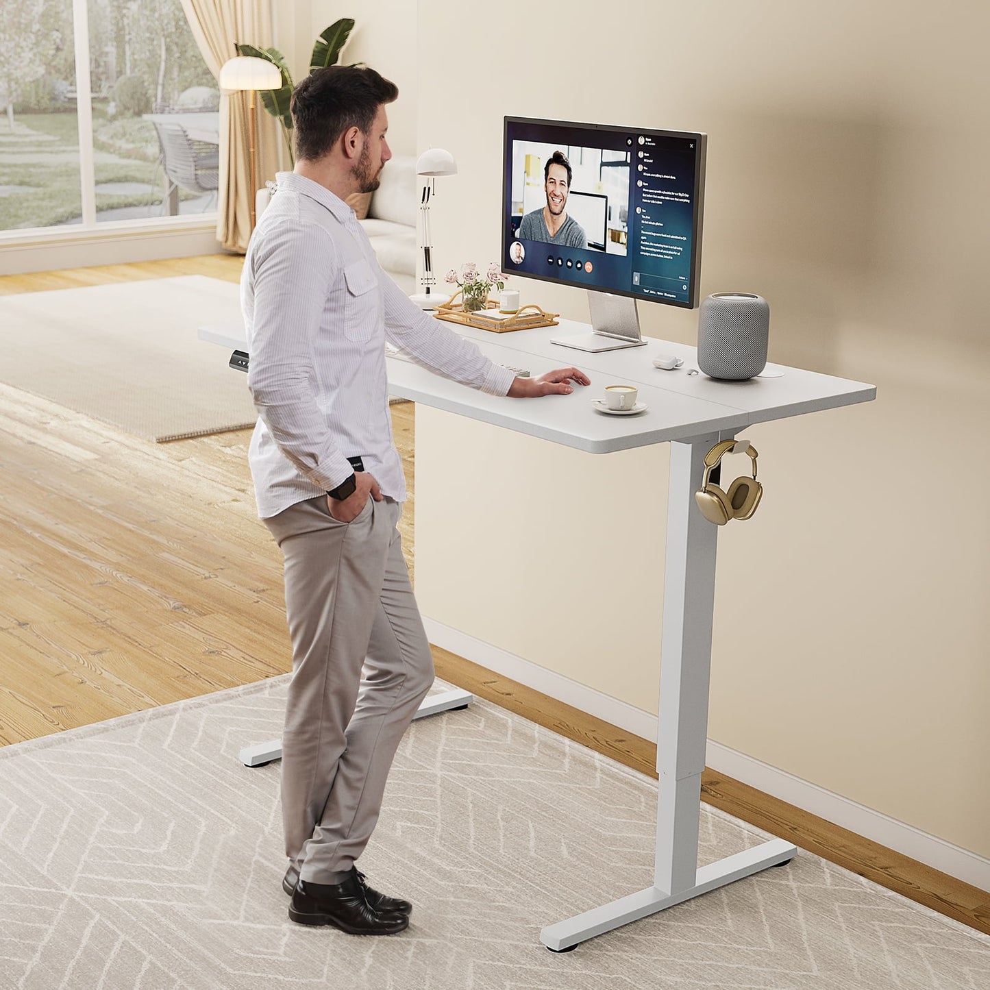 EDX Electric Adjustable Standing Desk - 40"x24" Sit-to-Stand Office Desk with 2 Hooks & Wire Hole