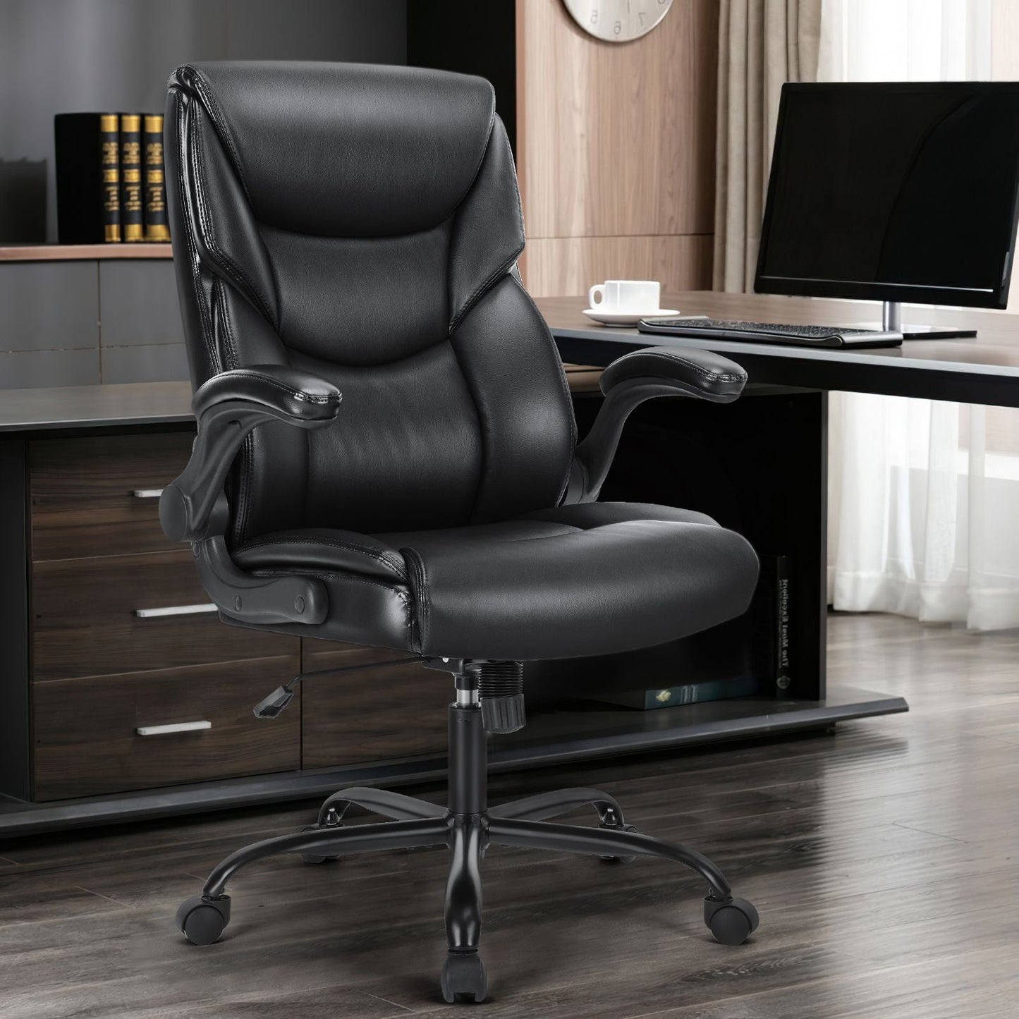 GIANNA Ergonomic Office Chair with Adjustable Flip-up Armrest, Strong Metal Base, PU Leather, Black