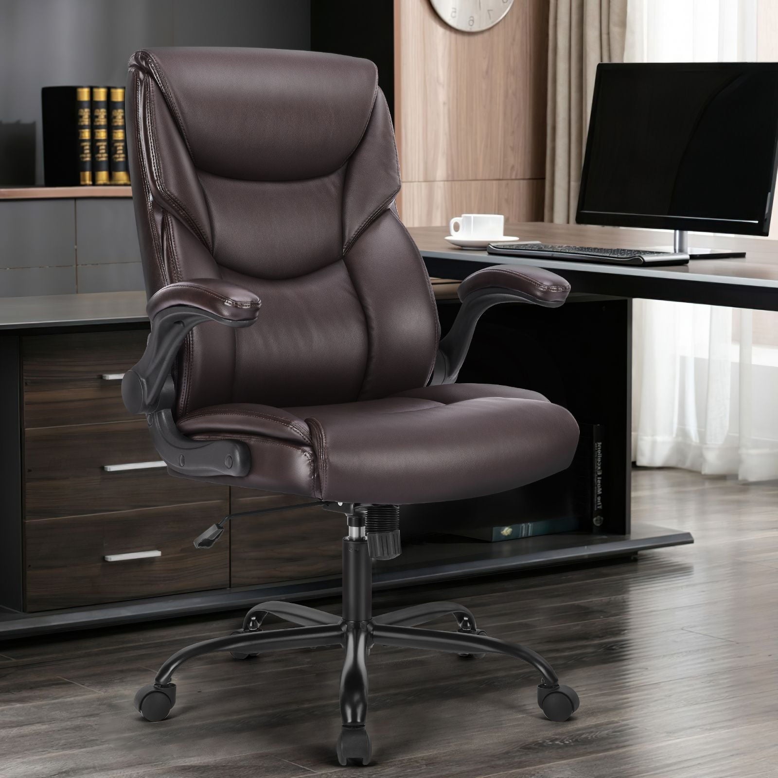 GIANNA Ergonomic Office Chair with Adjustable Flip-up Armrest, Strong Metal Base, PU Leather, Brown
