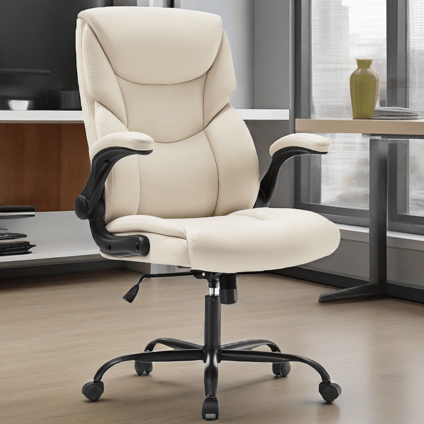 GIANNA Ergonomic Office Chair with Adjustable Flip-up Armrest, Strong Metal Base, PU Leather, White