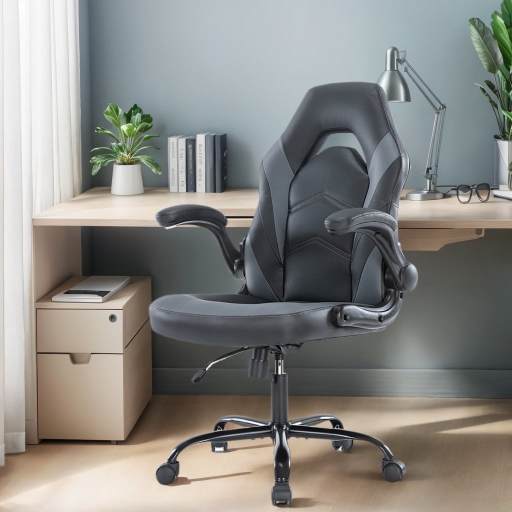 GIANNA Ergonomic PU Leather Computer Gaming Chair, Adjustable Swivel Racing Chair with Flip-up Armrest, Black Grey