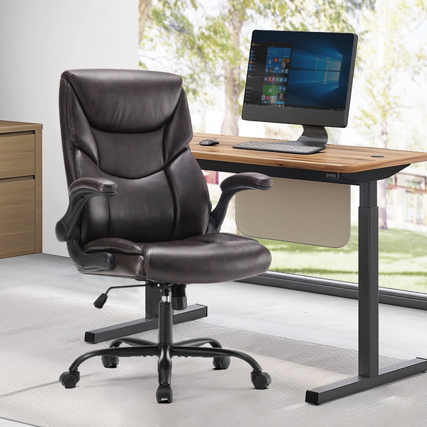 GIANNA Executive Office Chair with Flip-up Arms, High Back, PU Leather 300lbs, Brown