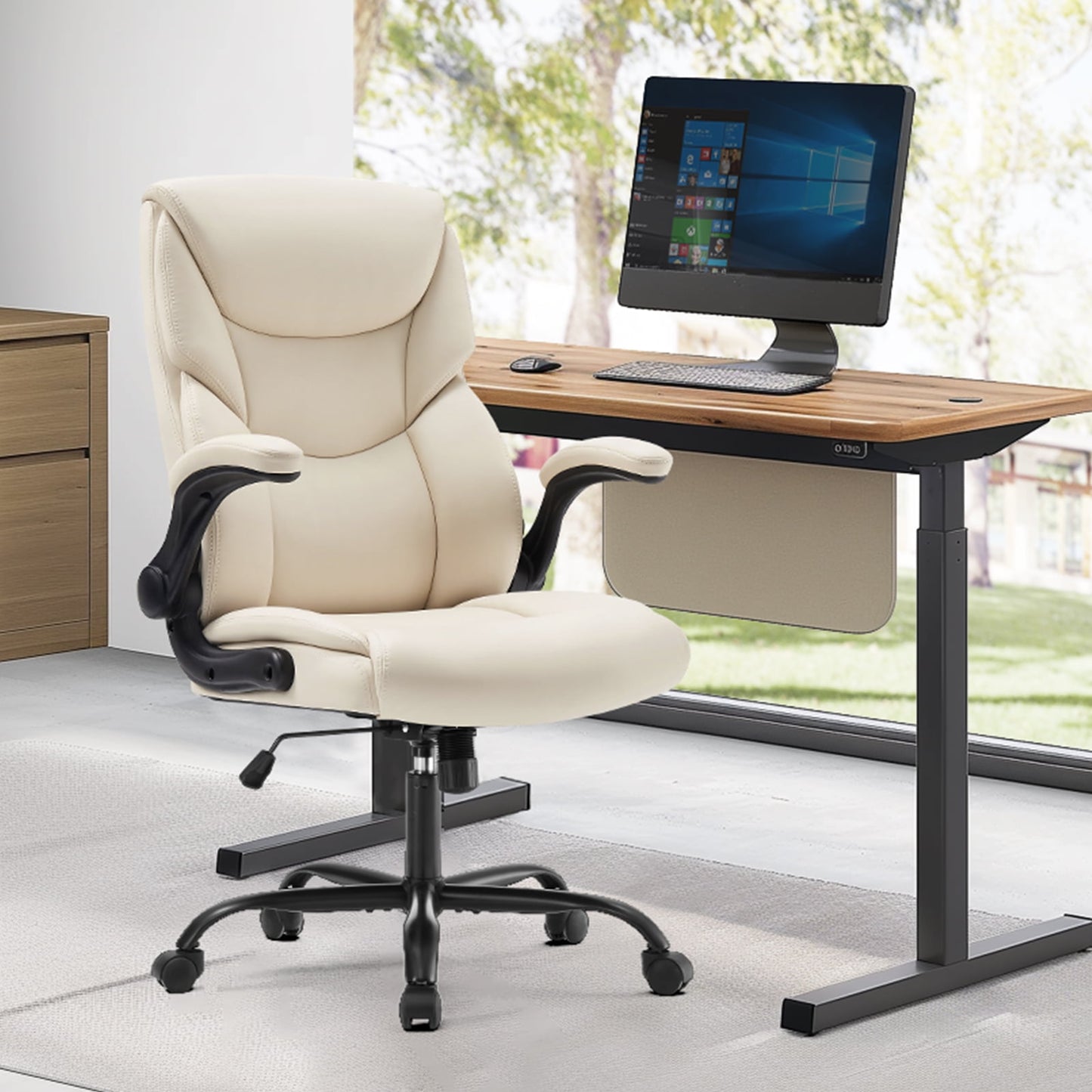 GIANNA Executive Office Chair with Flip-up Arms, High Back, PU Leather 300lbs, Creamy White