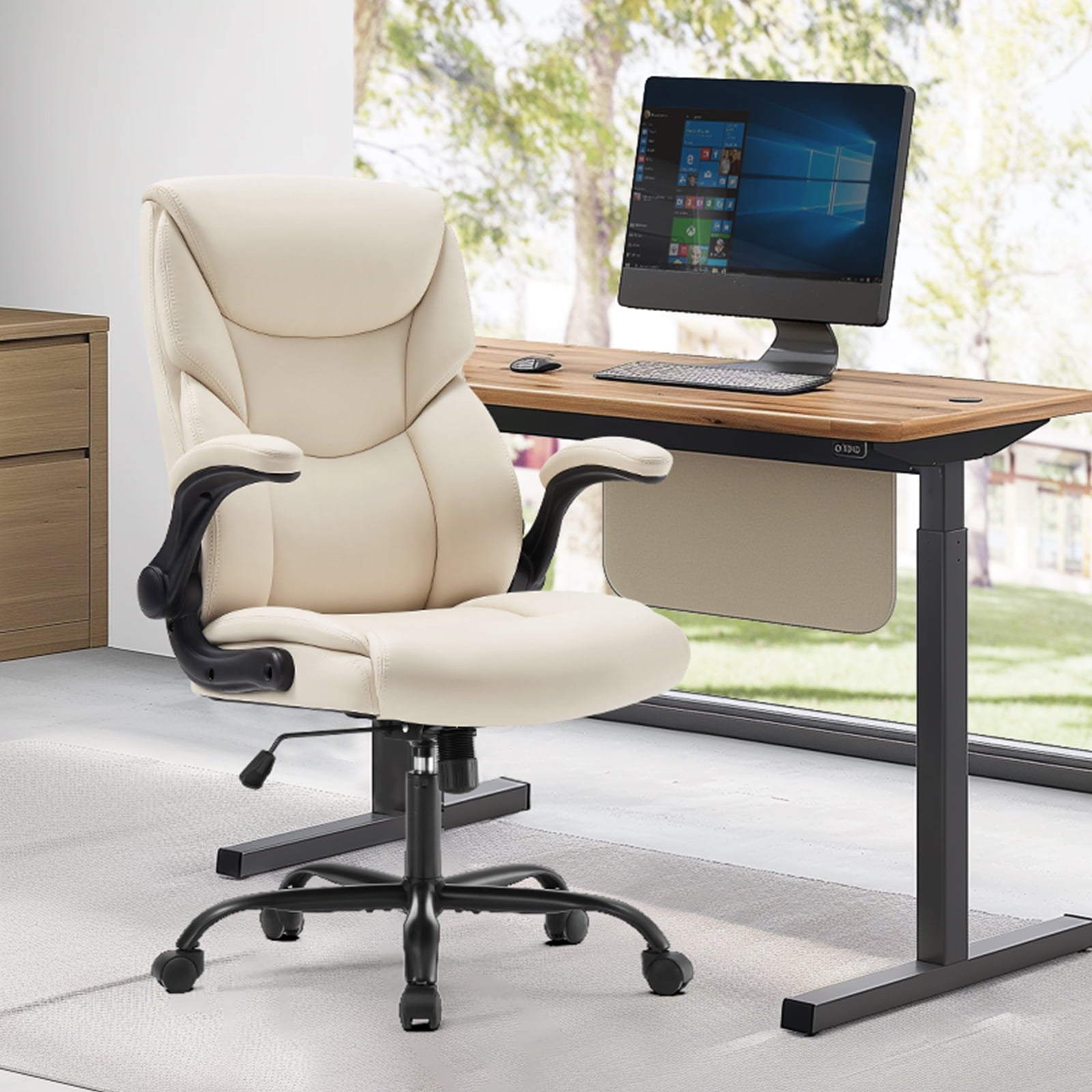 GIANNA Executive Office Chair with Flip-up Arms, High Back, PU Leather 300lbs, Creamy White