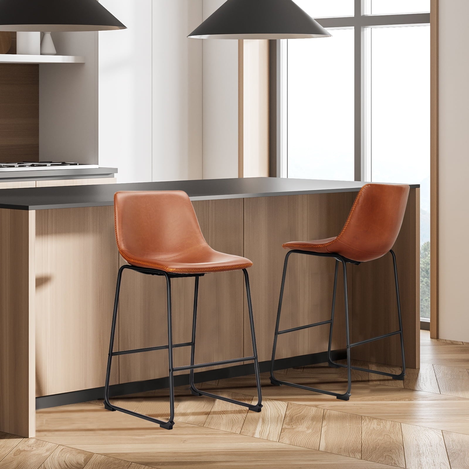 GIANNA Faux Leather Counter Height Bar Stools Set of 2, With Back and Metal Leg, 26 inch Height, for Home Kitchen Office, Brown