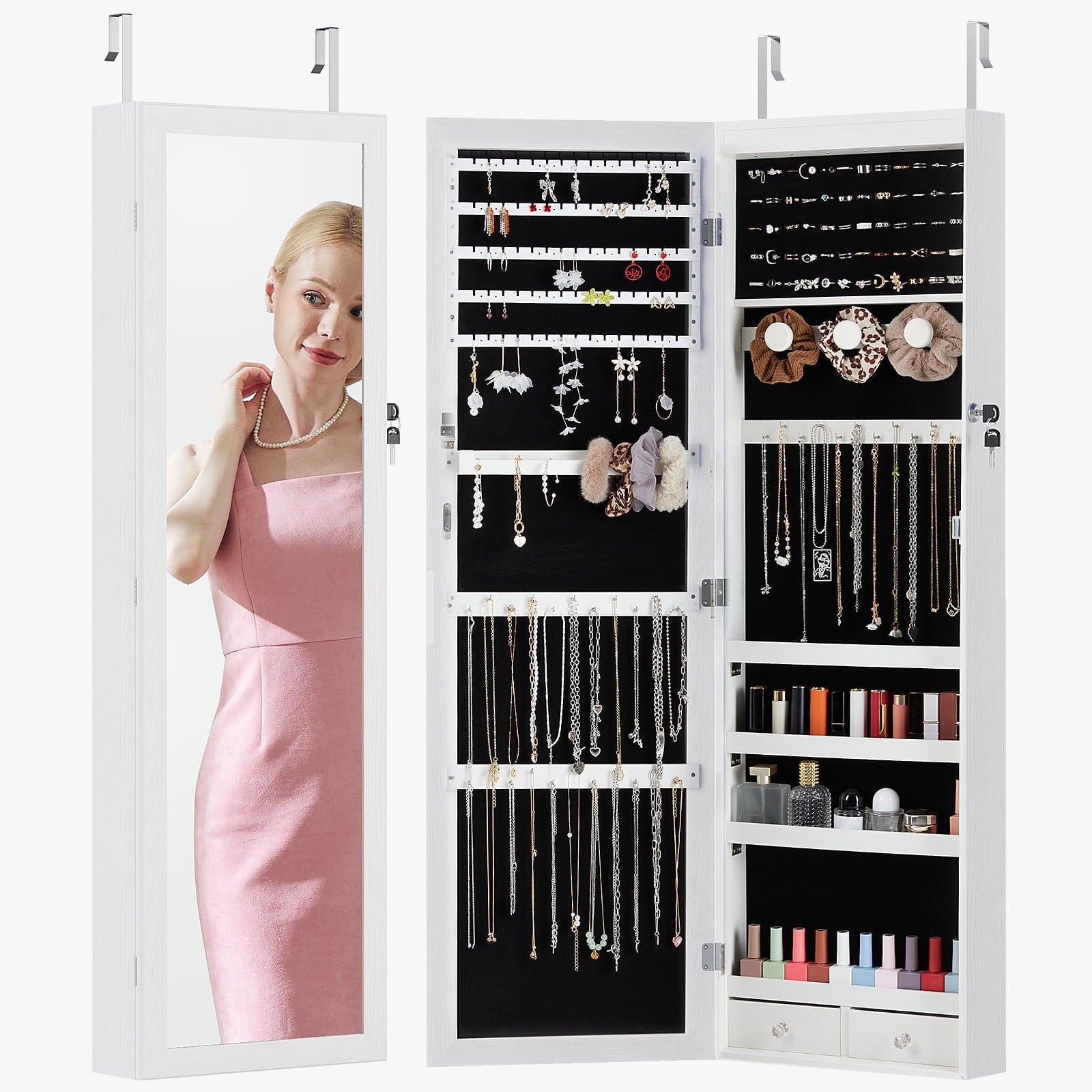 CONCETTA Full-Length Mirror Jewelry Cabinet, 6 LED Lights, Wall Door Mounted with Makeup Storage, White