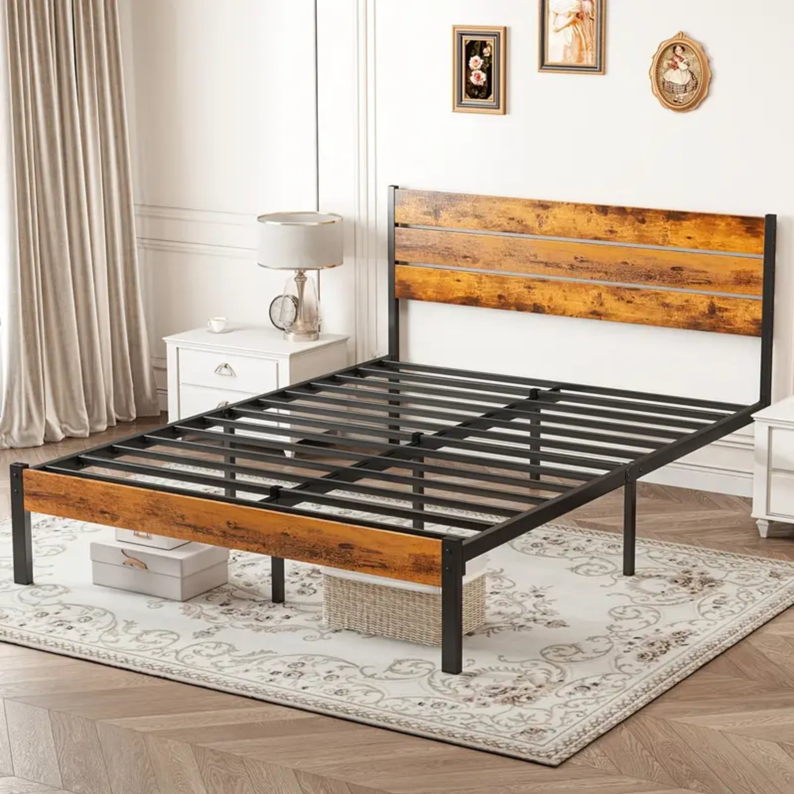 Gianna Full Metal Bed Frame with Headboard, Underbed Storage, Sturdy Steel Slats, No Box Spring Needed, Rustic Brown
