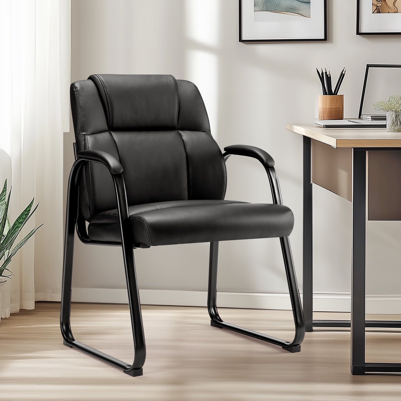 GIANNA Guest Chair, Leather Reception Chairs with Sled Base and Padded Arm Rest for Waiting Room Office Home and Meeting Conference-Black