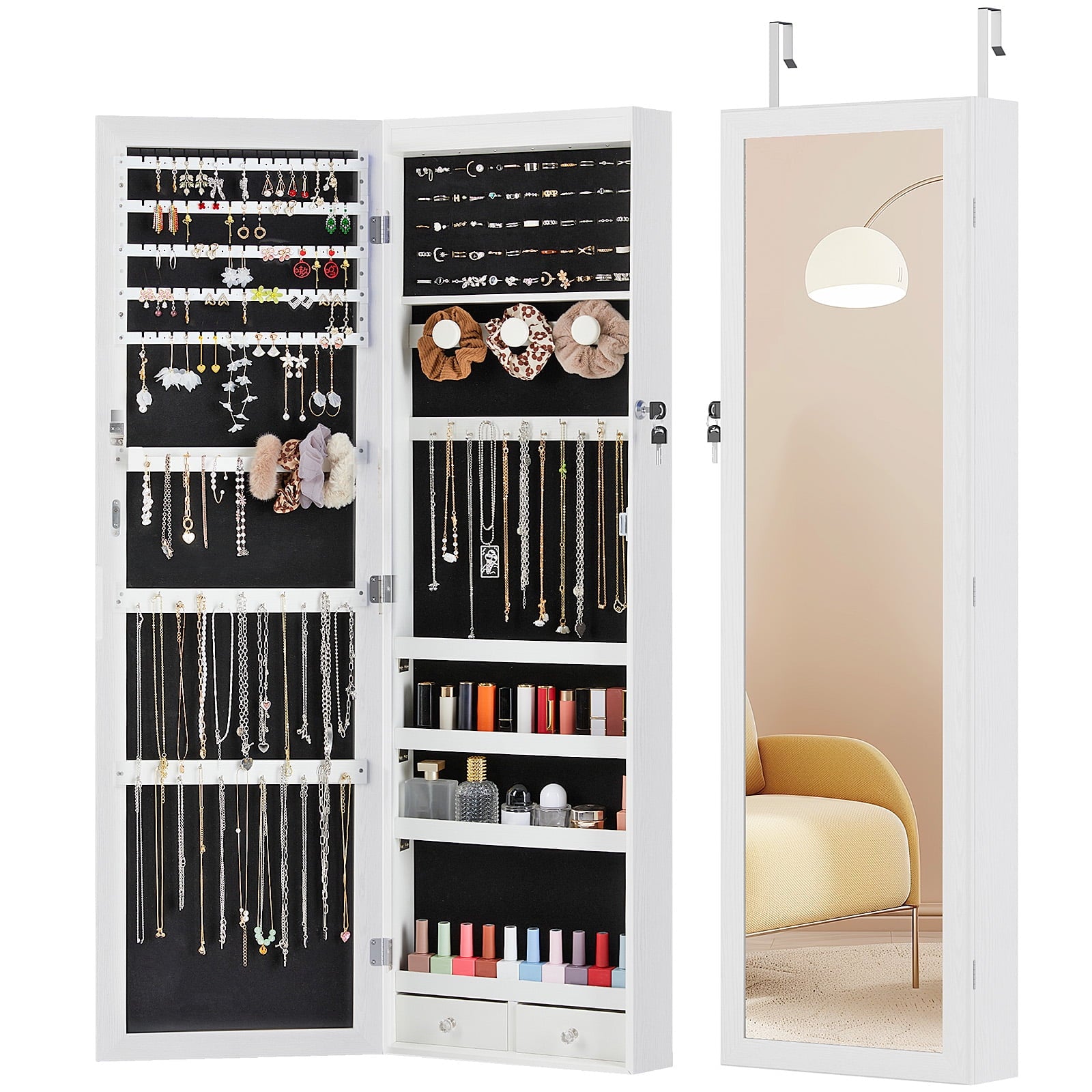 GIANNA Jewelry Cabinet With Lights, Lockable Jewelry Organizer Rotatable Full Length Mirror, Wall Mounted/Door Hanging, 47.2-Inch Tall, White