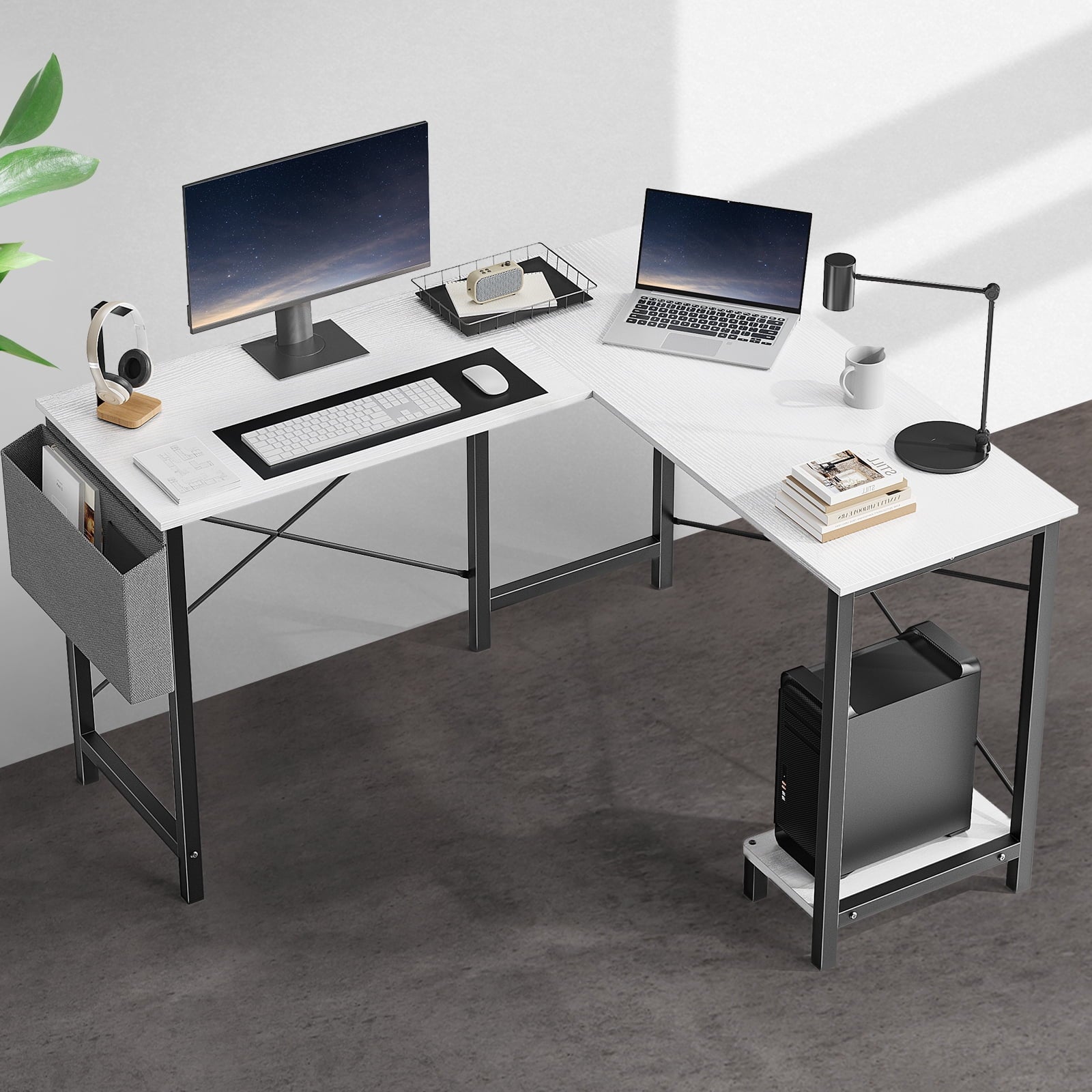 GIANNA L Shaped Computer Desk with Wooden Desktop CPU Stand Side Bag Reversible, White