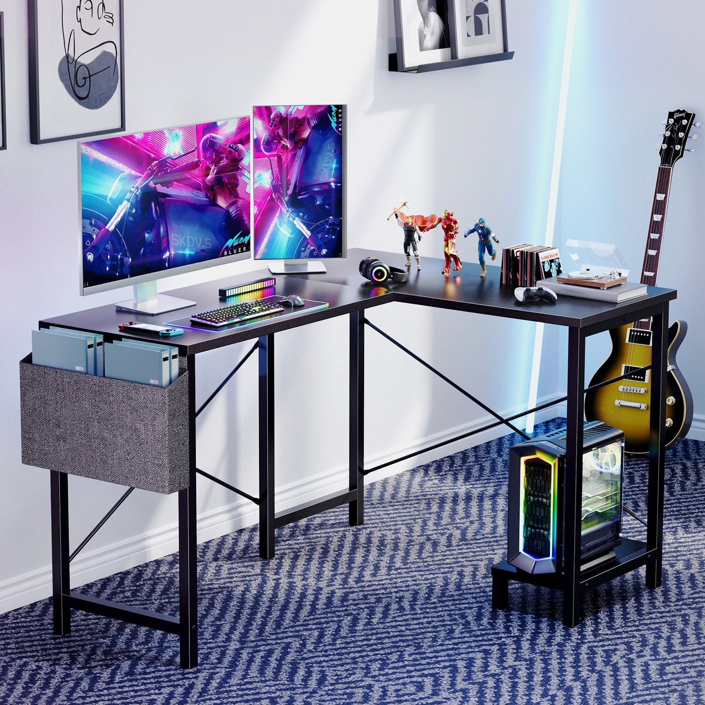 EDX L Shaped Gaming Desk with Wooden Desktop CPU Stand Side Bag Reversible for Home Office Small Space, Black
