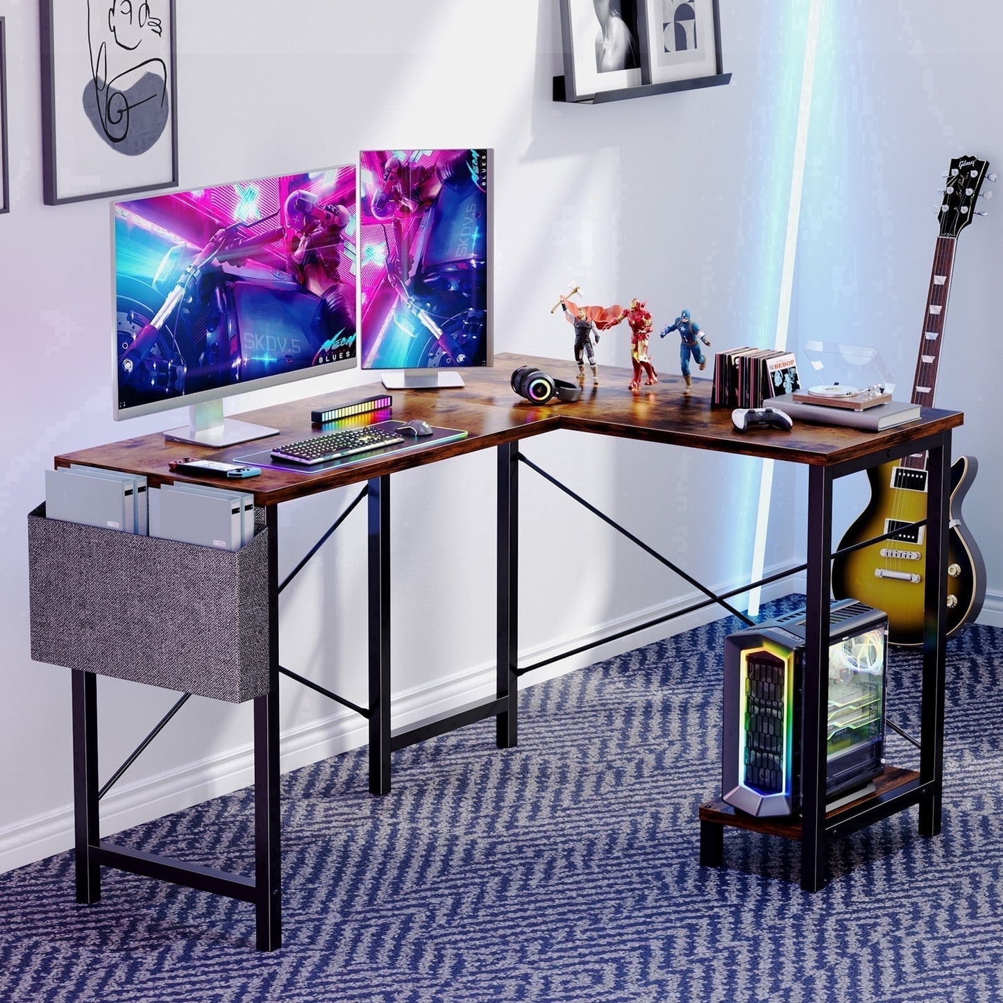 CONCETTA L Shaped Gaming Desk with Wooden Desktop CPU Stand Side Bag Reversible for Home Office Small Space, Rustic Brown
