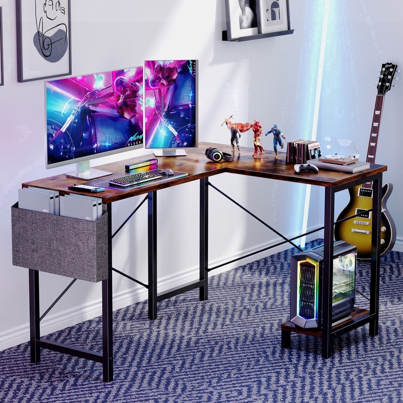 CONCETTA L Shaped Gaming Desk with Wooden Desktop CPU Stand Side Bag Reversible for Home Office Small Space, Rustic Brown