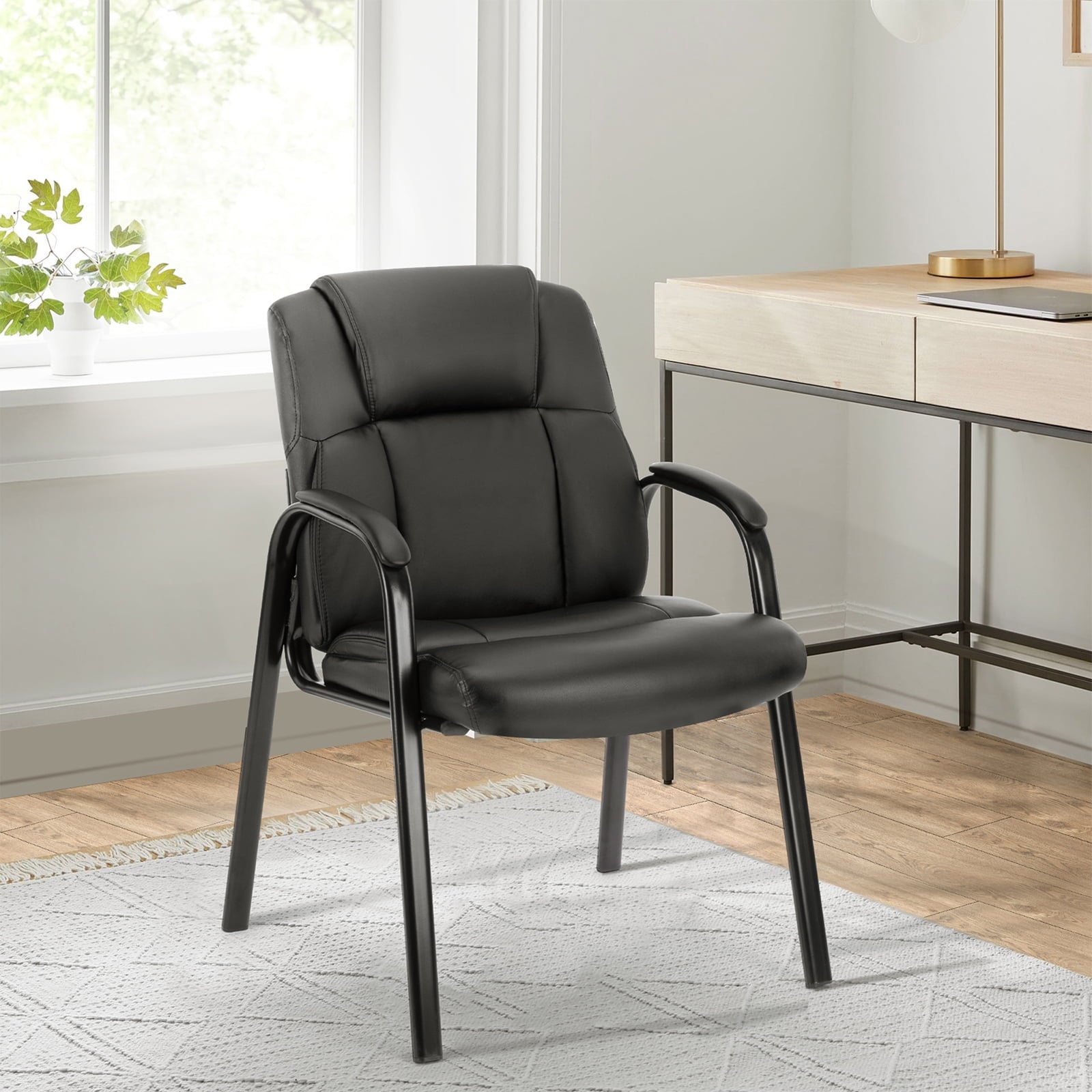 GIANNA Leather Guest Chair with Padded Arm Rest for Reception Meeting Conference and Waiting Room Side Office Home Black