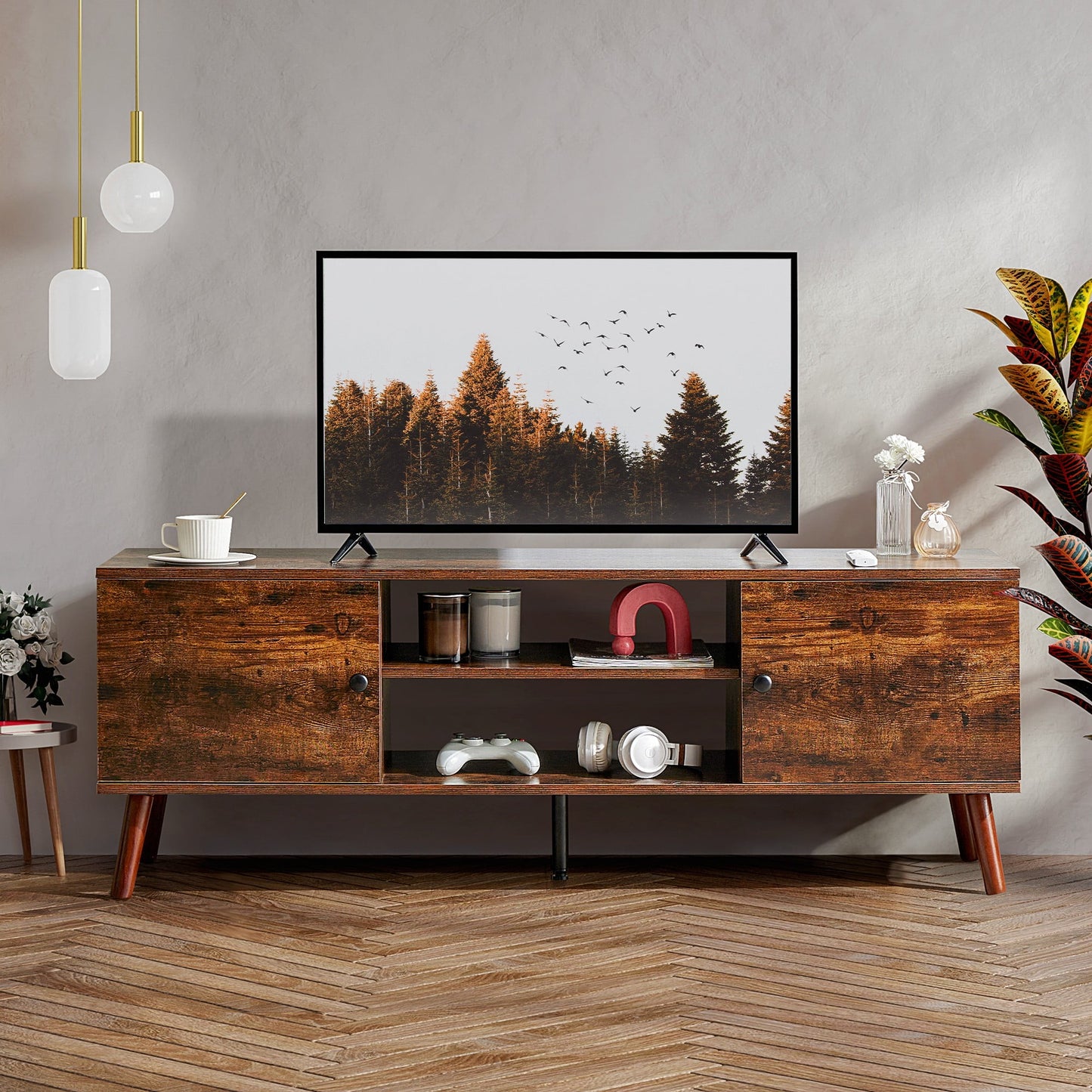 GIANNA Mueble de TV Moderno de Mediados de Siglo de Madera para TVs de 55-60â€, 2 Gabinetes de Almacenamiento, Estante Ajustable, GestiÃ³n de Cables, Patas Resistentes, FÃ¡cil Montaje, MarrÃ³n Ã“xido