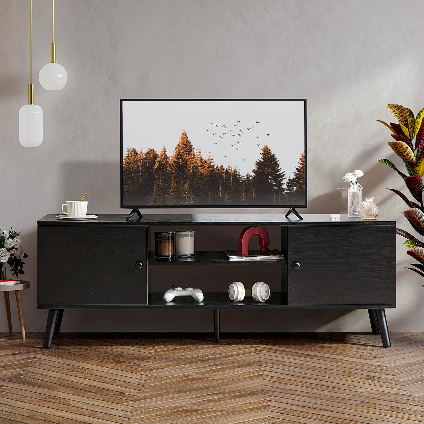 GIANNA Mid-Century Modern Wooden TV Stand for 55-60â€ TVs, 2 Storage Cabinets, Adjustable Shelf, Cable Management, Sturdy Legs, Easy Assembly, Black