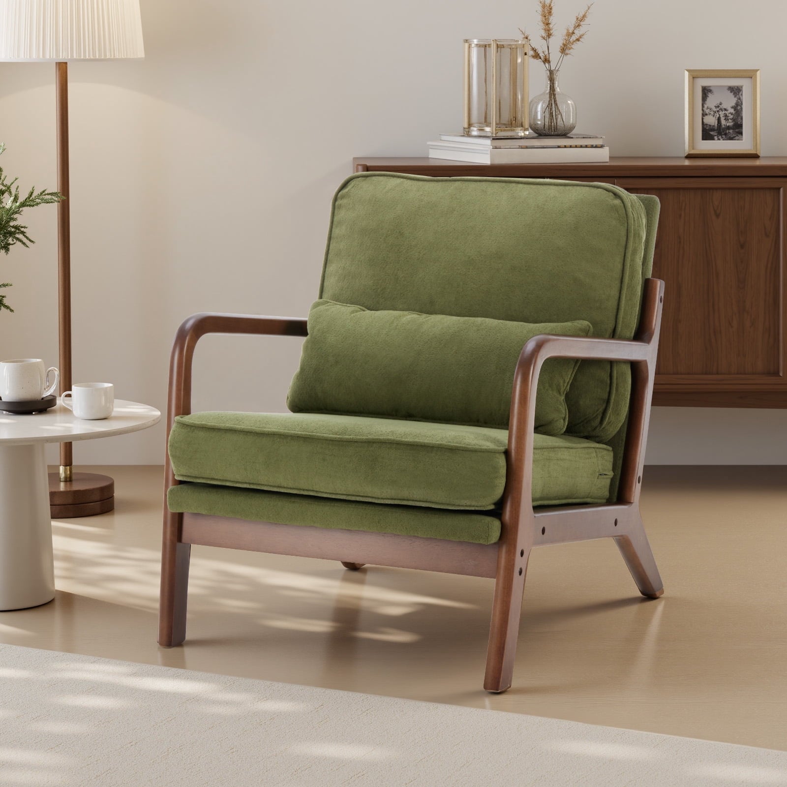 GIANNA Modern Accent Lounge Chair with Armrests and Cushion, Wooden Frame Reading Chair for Living Room or Bedroom, Green