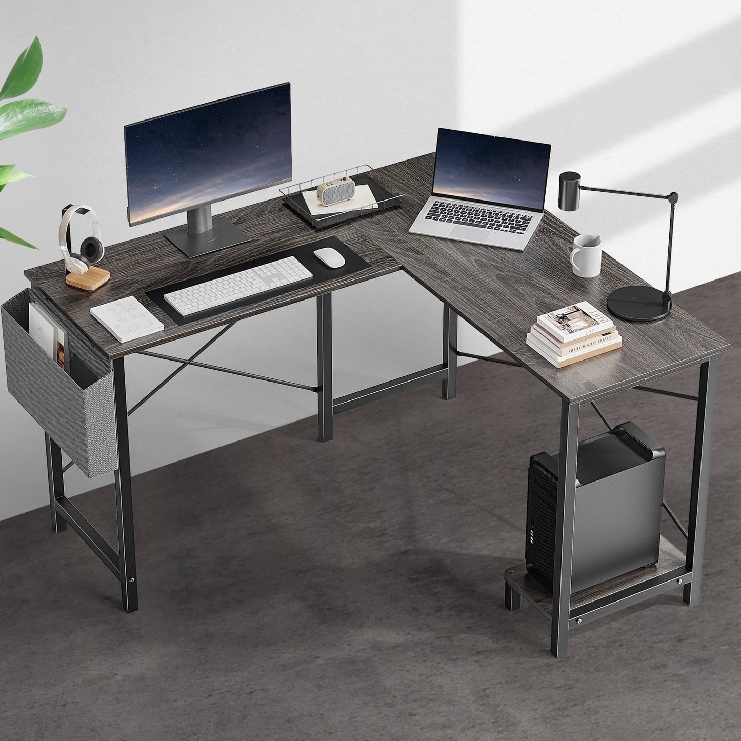 edx Modern L Shaped Office Desk with Wood Surface, Storage Bag and CPU Holder, Gray