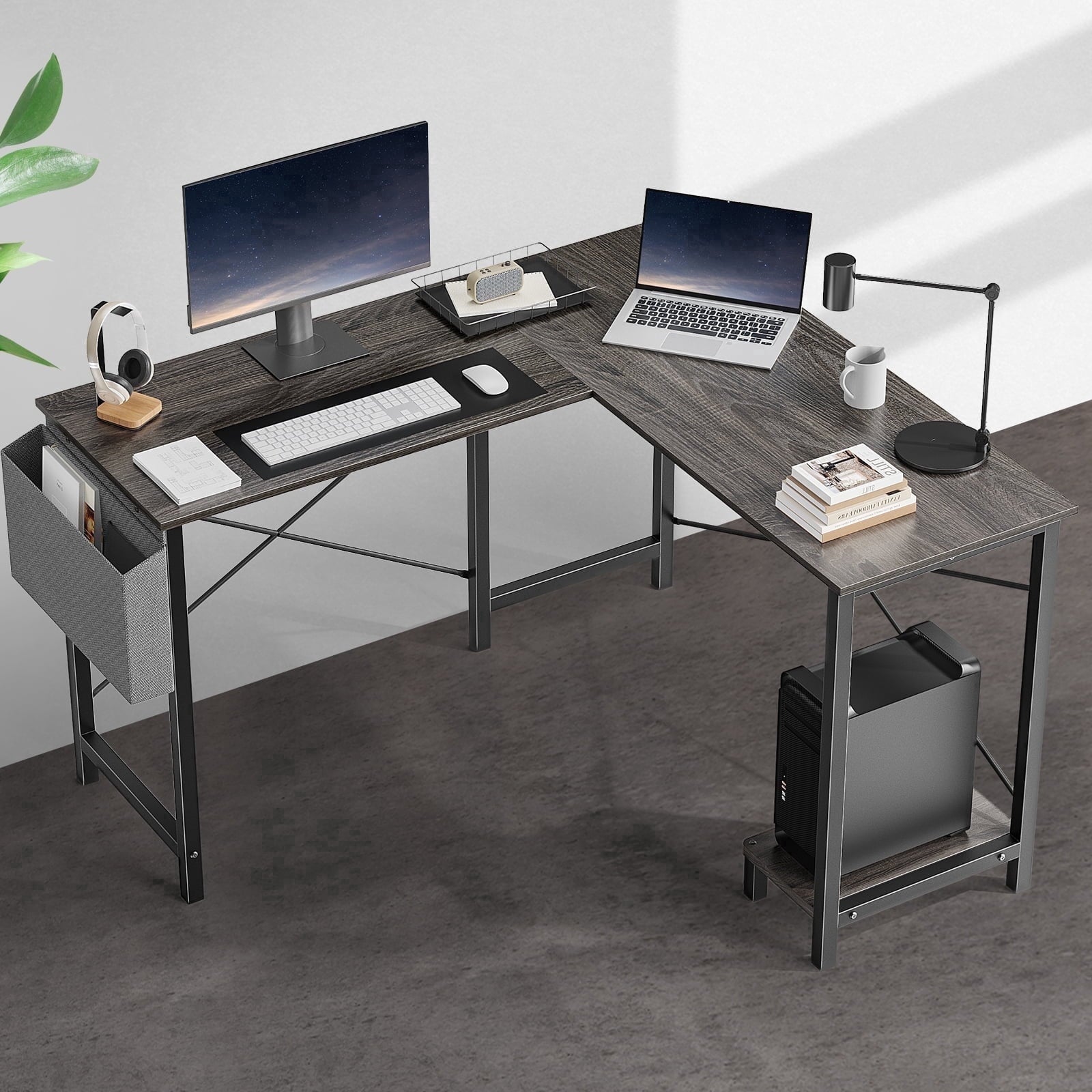 edx Modern L Shaped Office Desk with Wood Surface, Storage Bag and CPU Holder, White