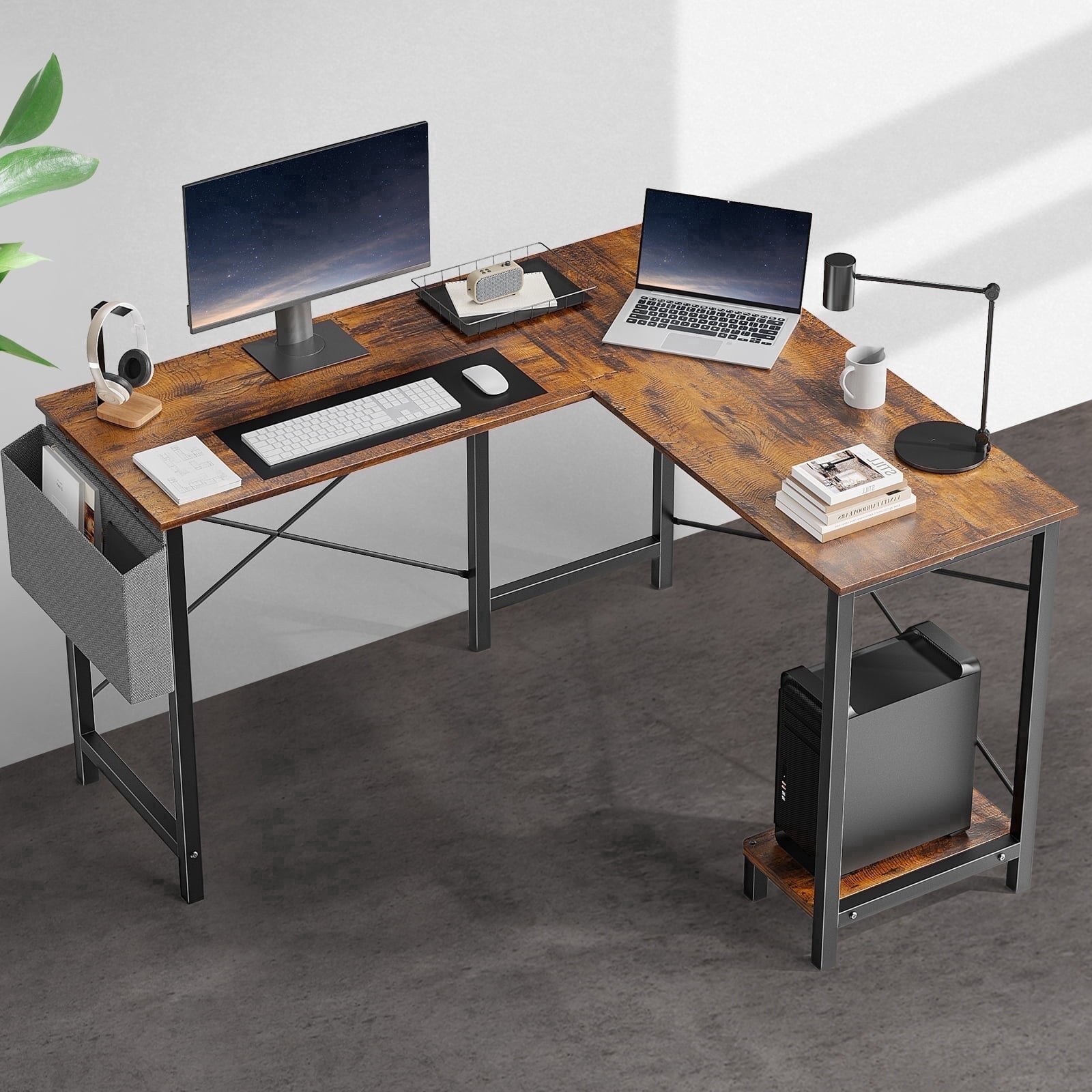 edx Modern L Shaped Office Desk with Wood Surface, Storage Bag and CPU Holder, Rustic Brown