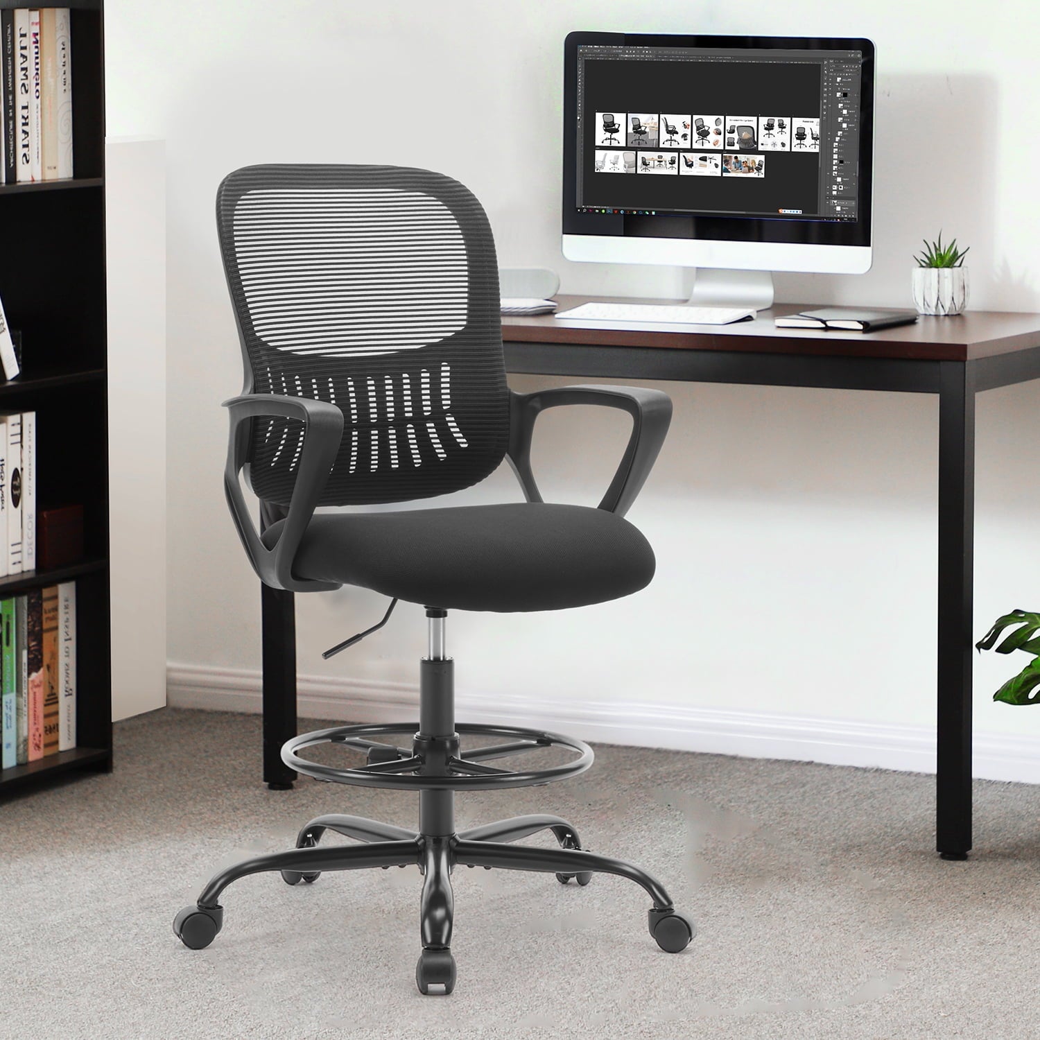 GIANNA Office Chair, Ergonomic Tall Mesh Office Chair with Storable Lumbar Support, Adjustable Foot Ring , Armrests and Mid Back High Task Chair with Wheels, Black
