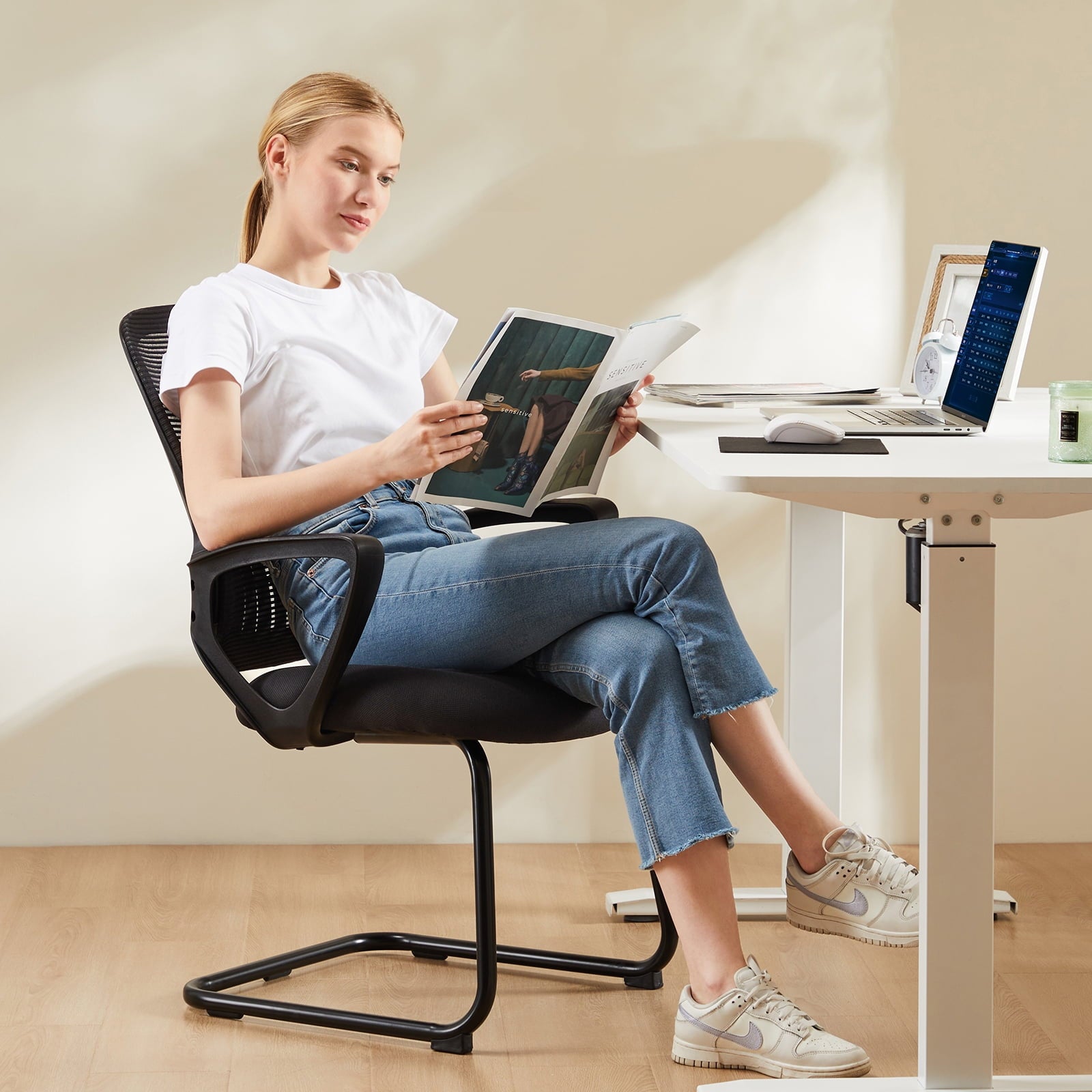 GIANNA Office Chair with Lumbar Support No Wheels, Stationary Mesh Mid Back Computer Chairs, 1 Pack