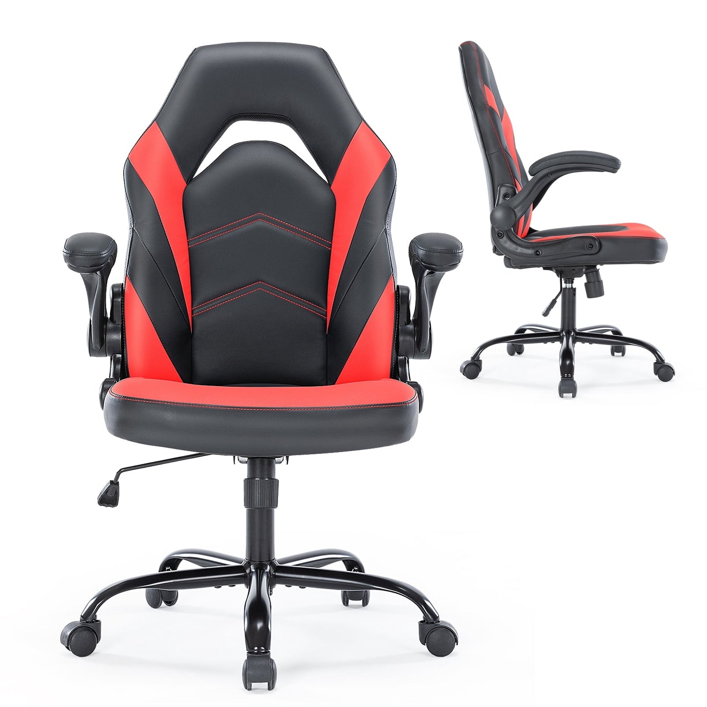 CONCETTA PU Leather Computer Gaming Desk Chair, Ergonomic Adjustable Swivel Racing Chair with Flip-up Armrest, Black Red
